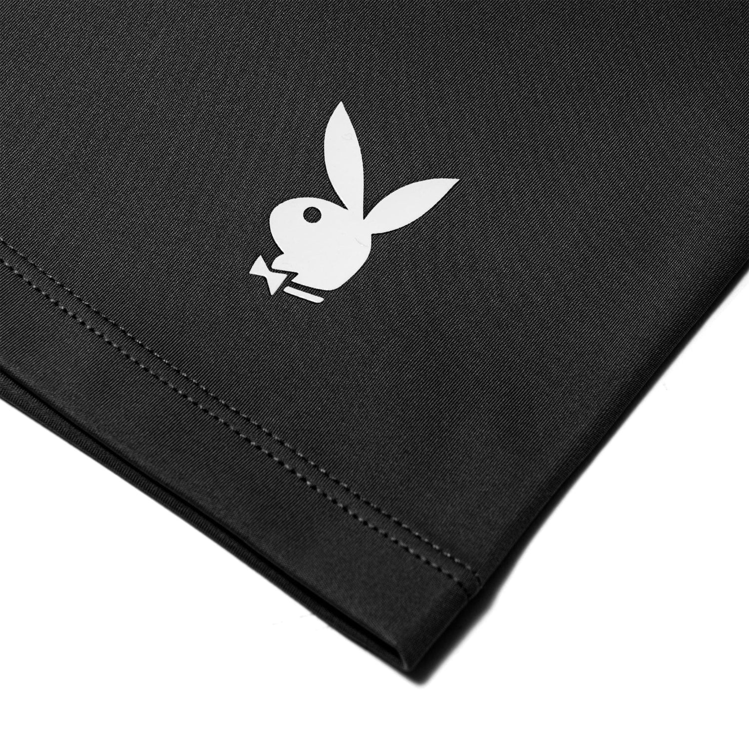 Black women's active bike shorts with a white bunny logo and ruched tie detail