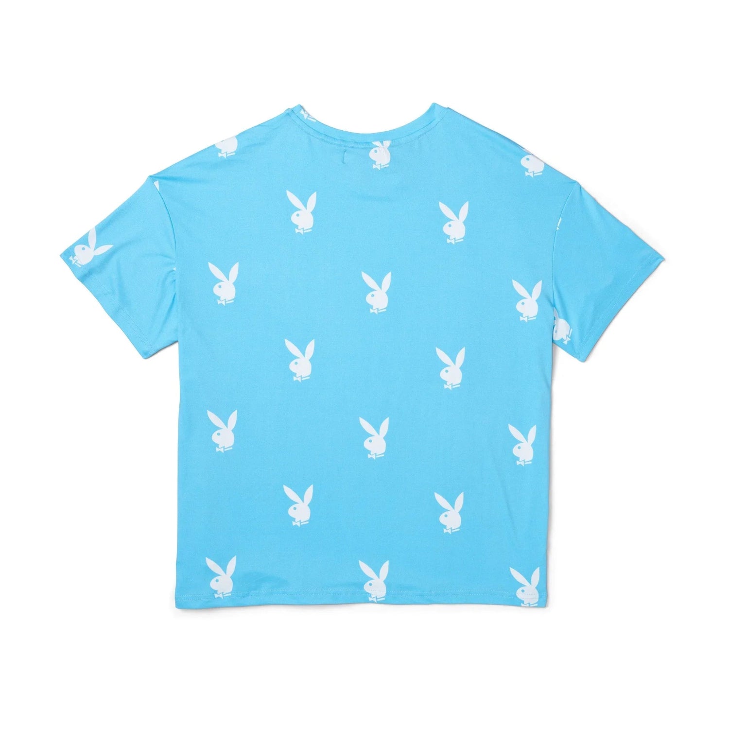 Light blue women's t-shirt with all-over white bunny graphic print, flat lay