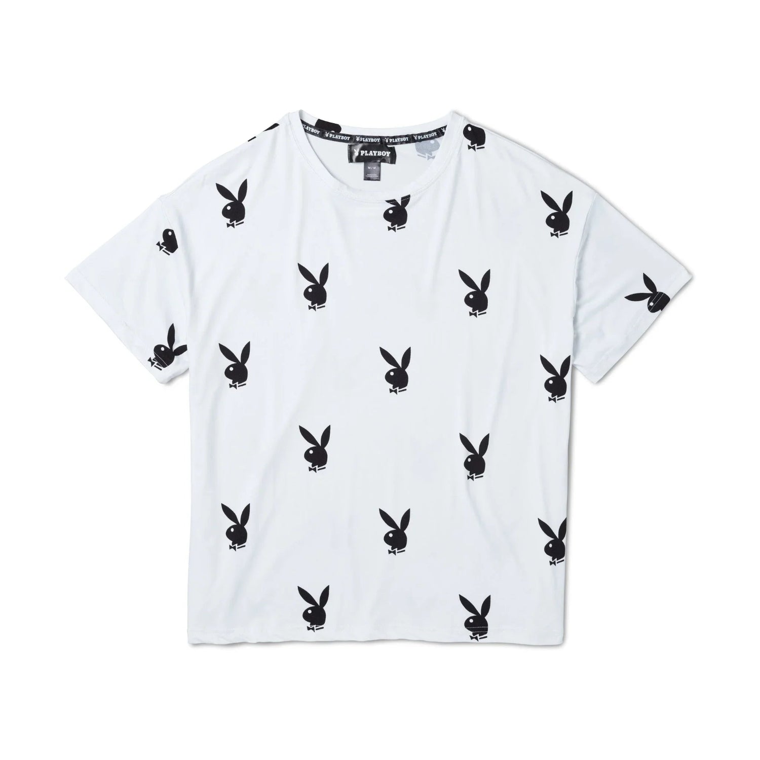 White women’s t-shirt with black bunny head print all over, short sleeves, laid flat