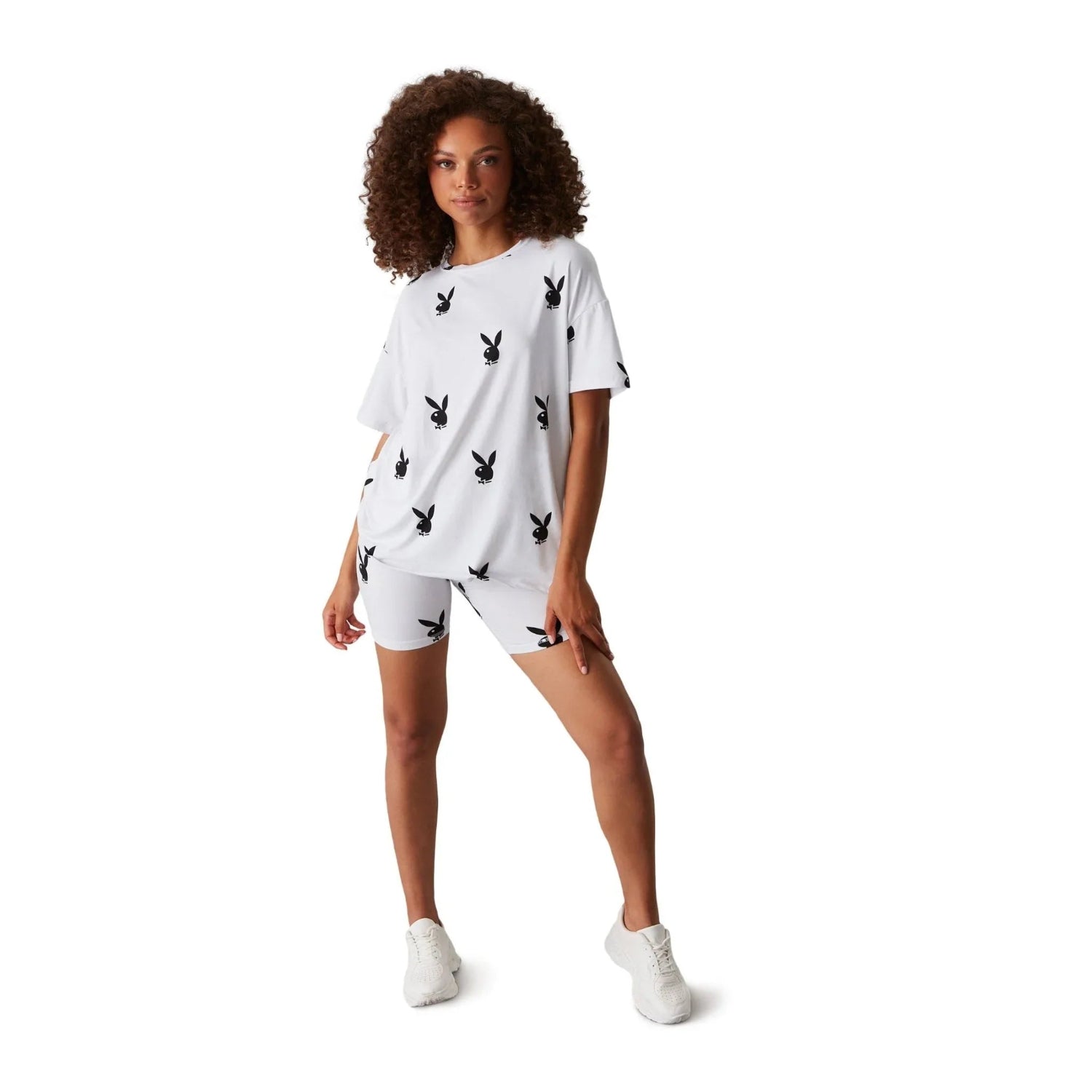Woman wearing white all-over bunny print t-shirt and matching shorts set