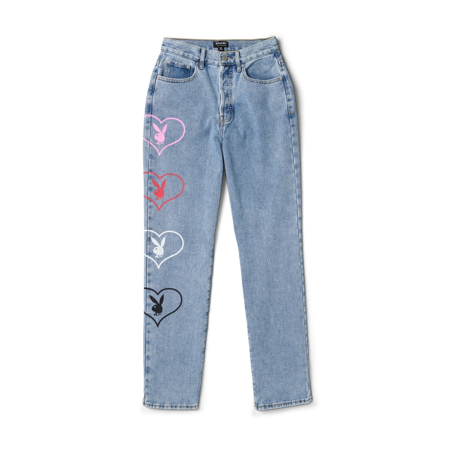 Light blue women's baggy denim pants with colorful heart and bunny graphics on one leg