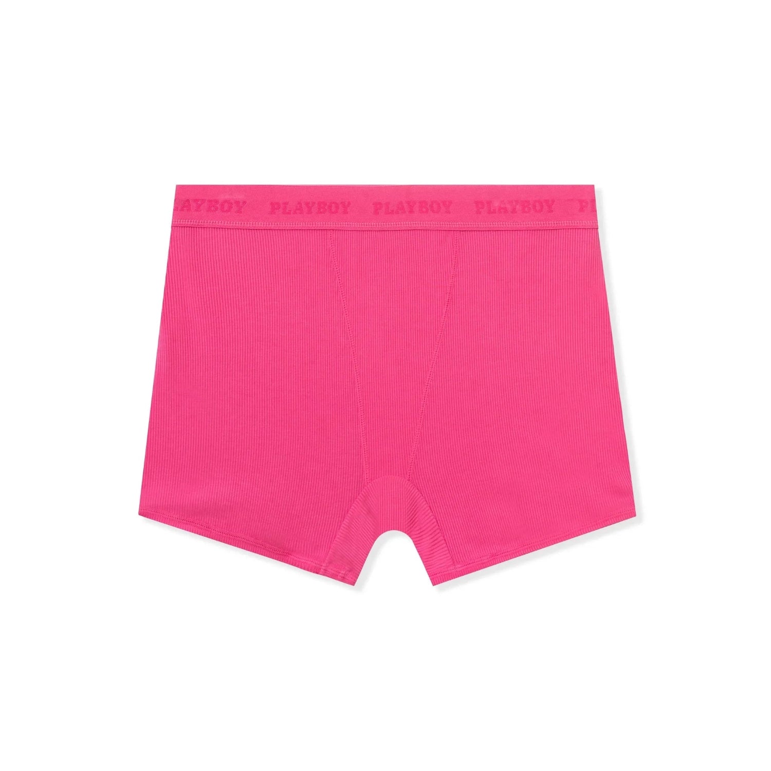 Women's pink boxer brief panty with logo waistband, seamless, laid flat on white background