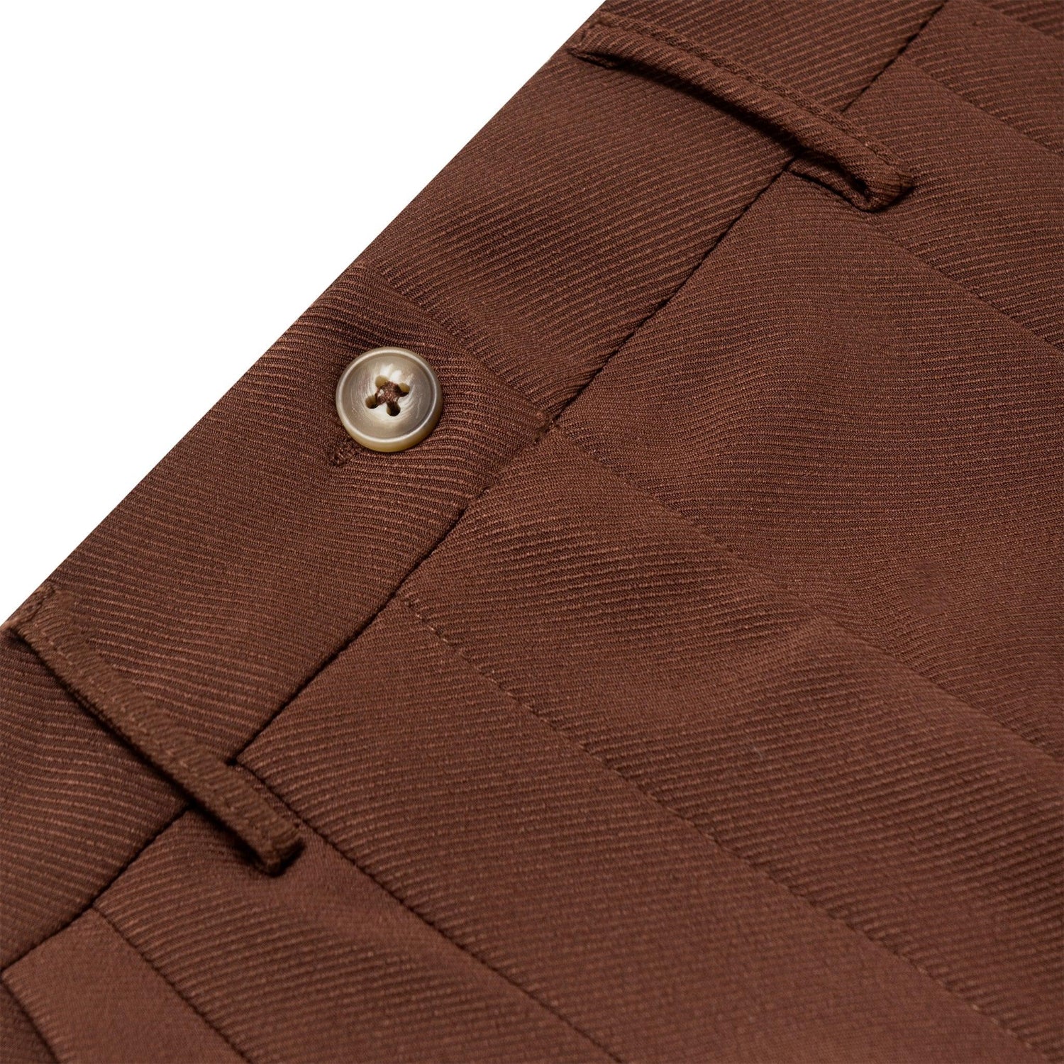 Close-up of brown women's boyfriend trousers with button and belt loops detail