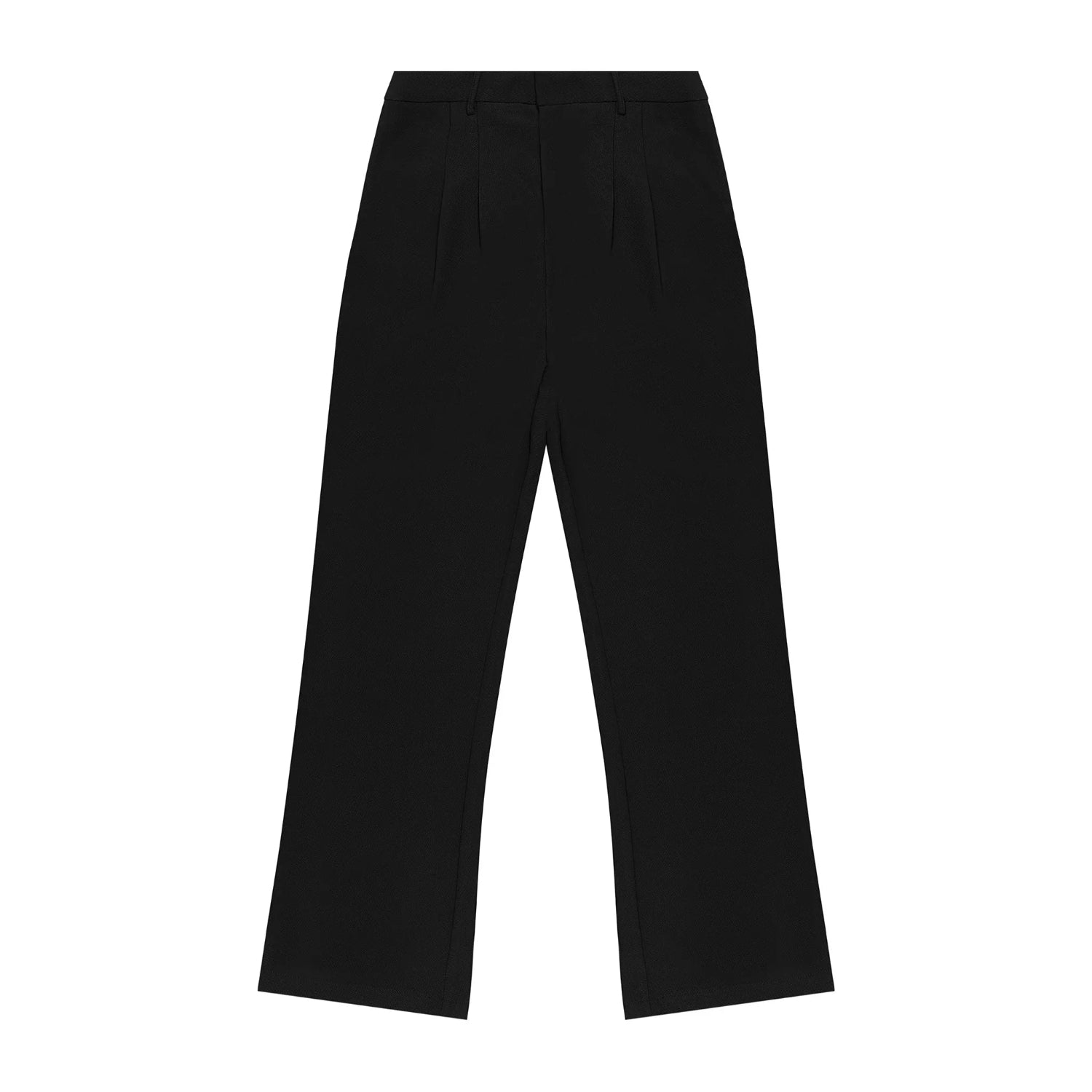Women's black boyfriend trousers with pleated front, straight leg, laid flat on white background