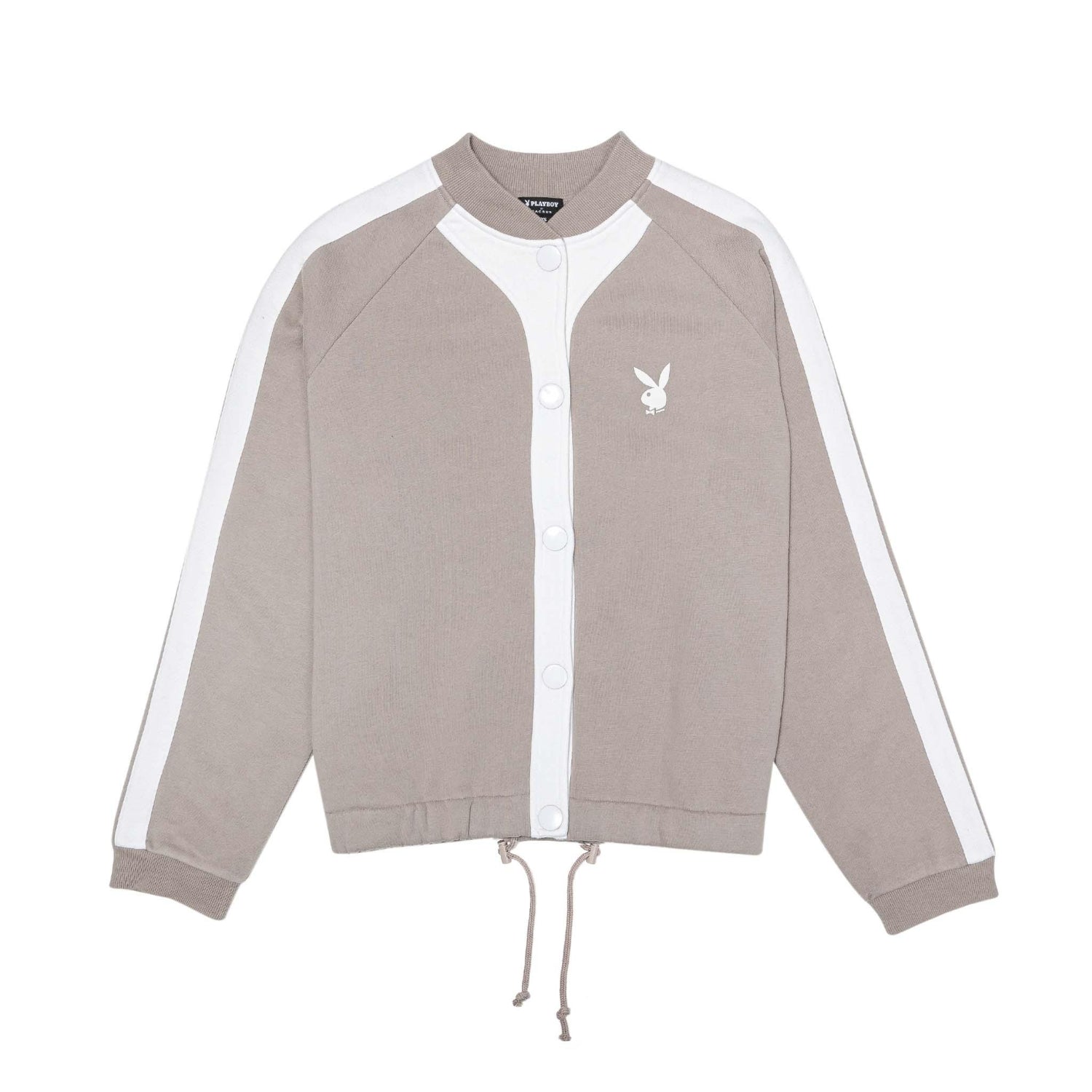 Women's beige bomber jacket with white stripes, snap buttons, and bunny logo on chest