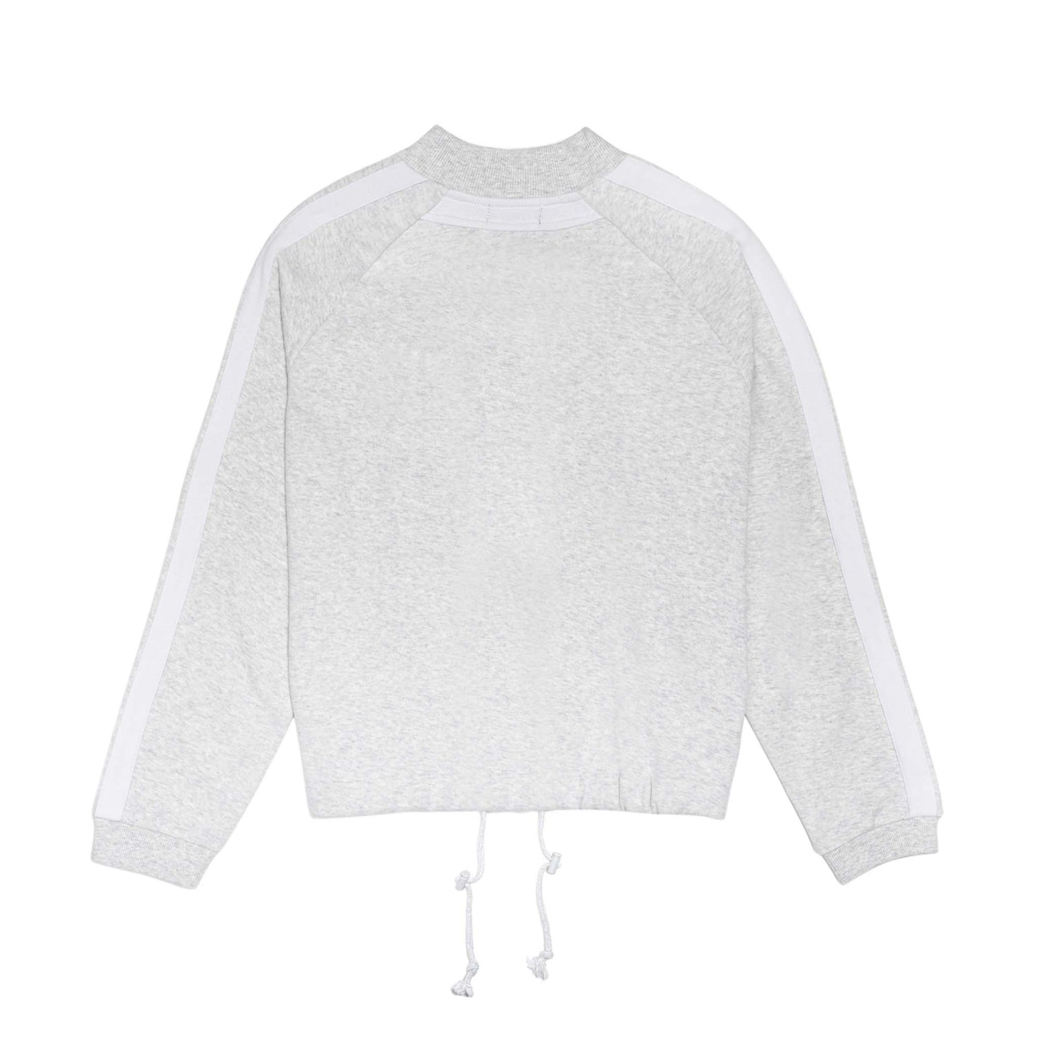 Back view of women's light gray bomber jacket with white sleeve stripes and drawstring hem
