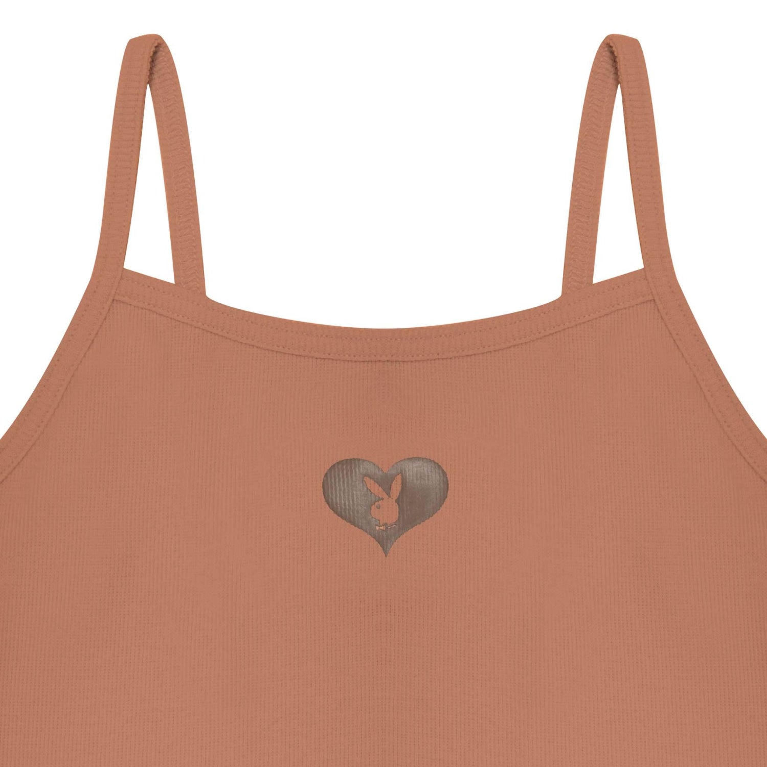 Women's ribbed cami top with spaghetti straps and heart bunny logo on chest, brown color