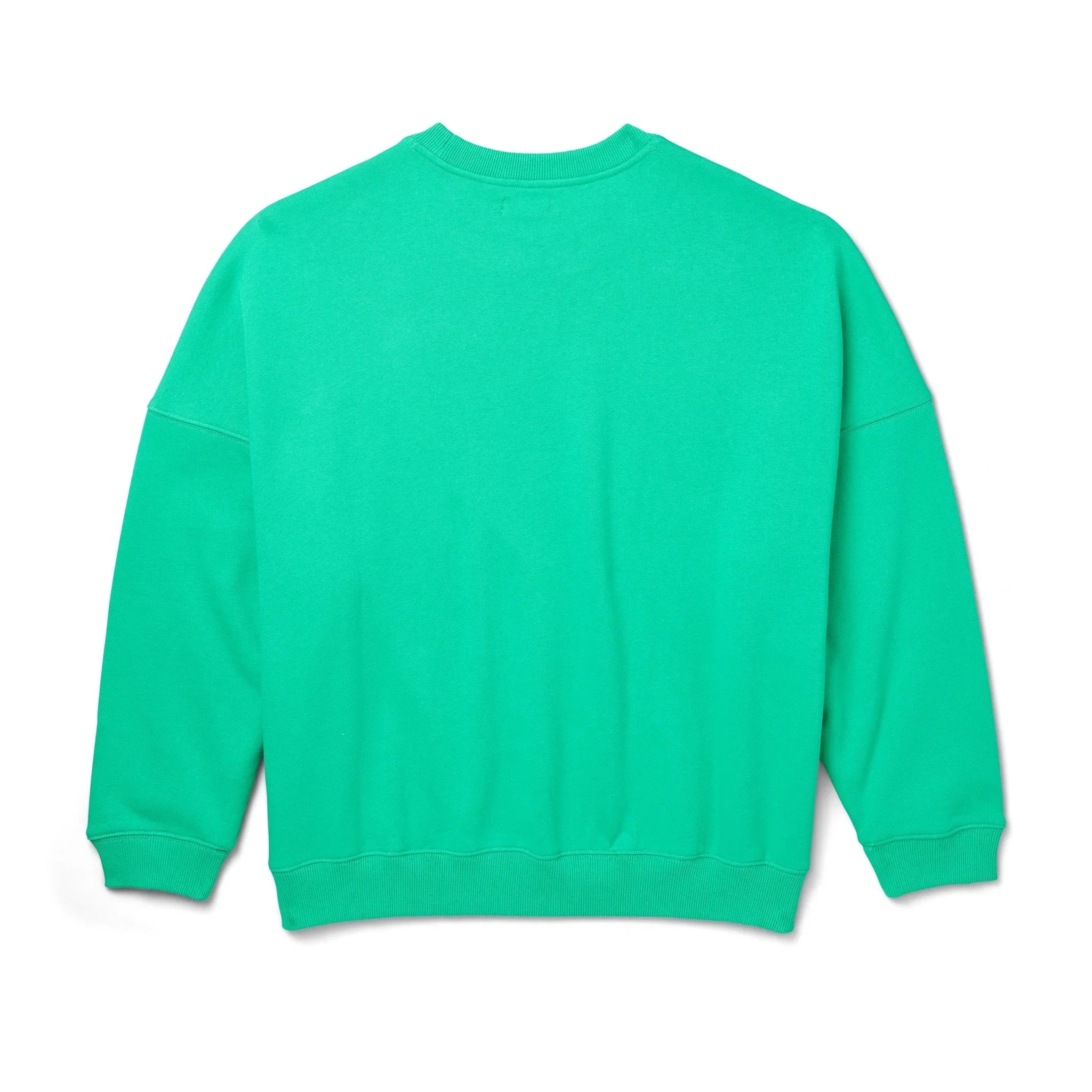 Women's green crewneck sweatshirt, back view, long sleeves, casual pullover