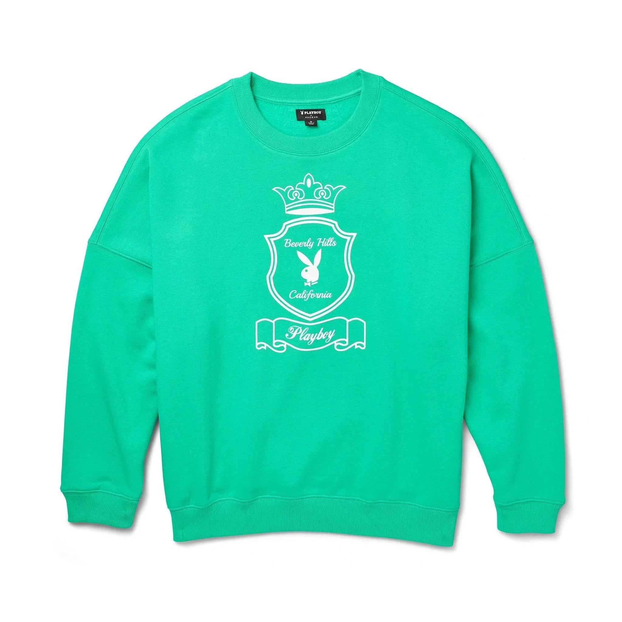 Green women's crewneck sweatshirt with Beverly Hills California crest and white bunny graphic