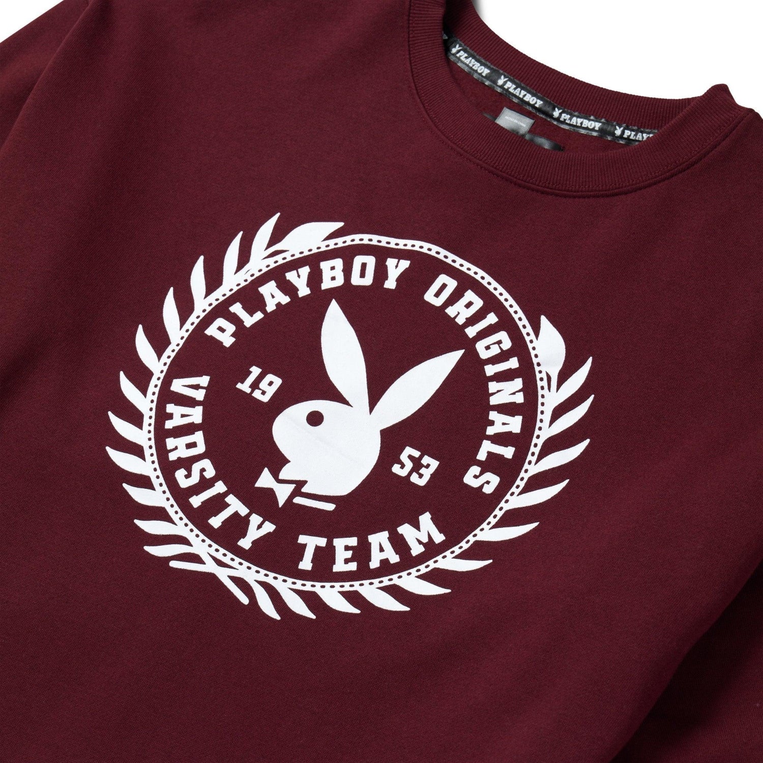 Burgundy women's varsity crewneck with white Playboy Originals logo and bunny graphic