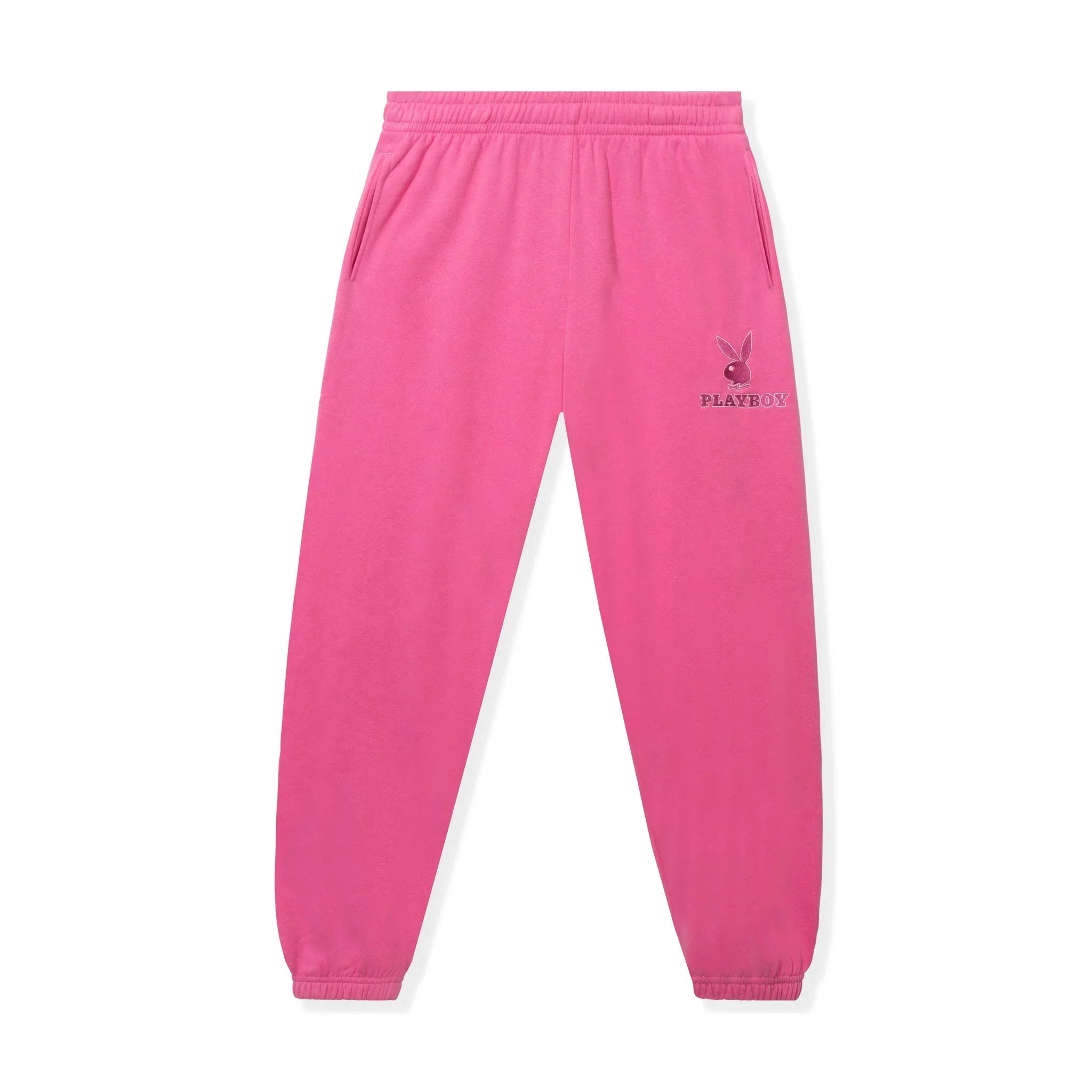 Pink women's boyfriend sweatpants with elastic waistband, side pockets, and bunny logo.