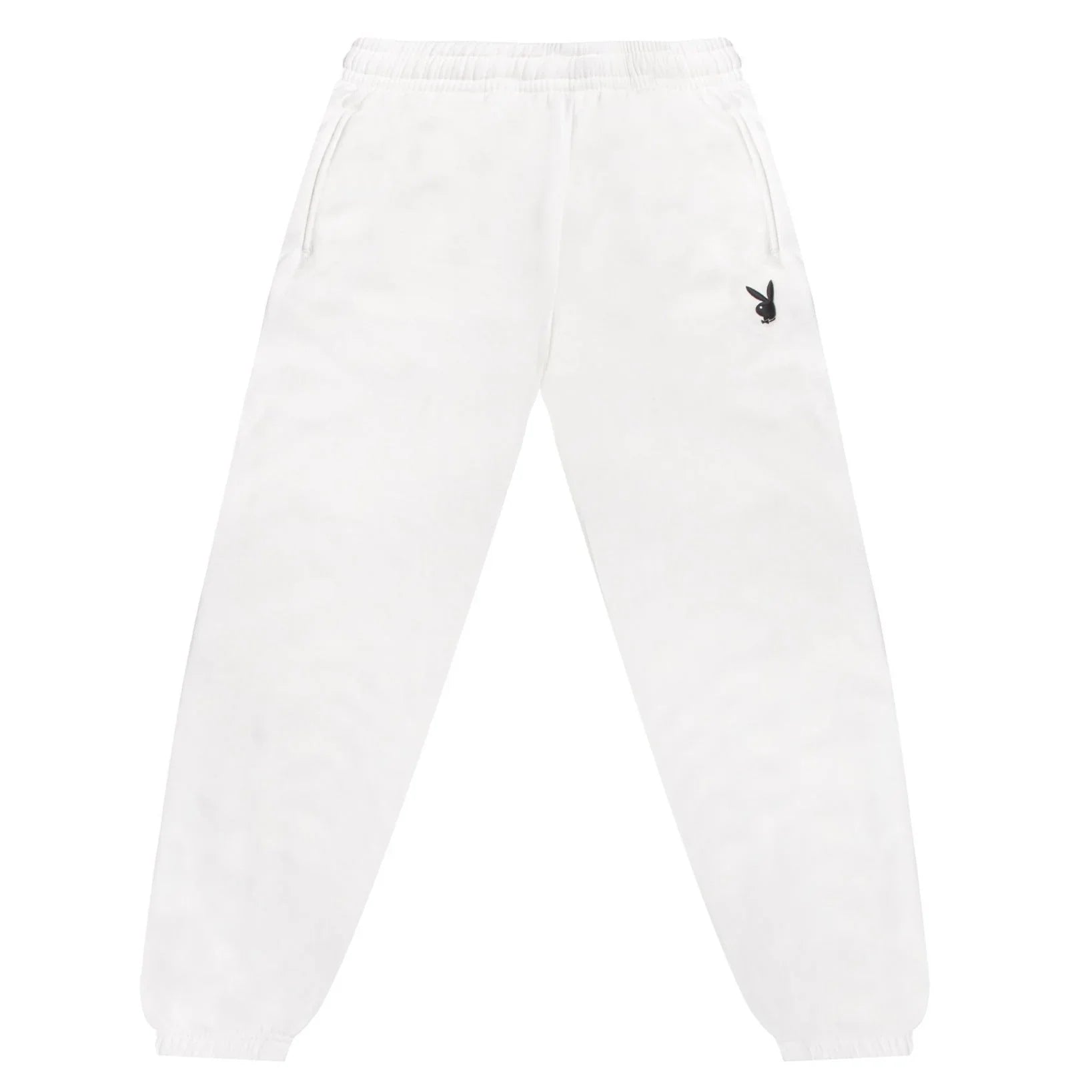 White women's classic boyfriend sweatpants with black bunny logo, elastic waistband, and cuffs.