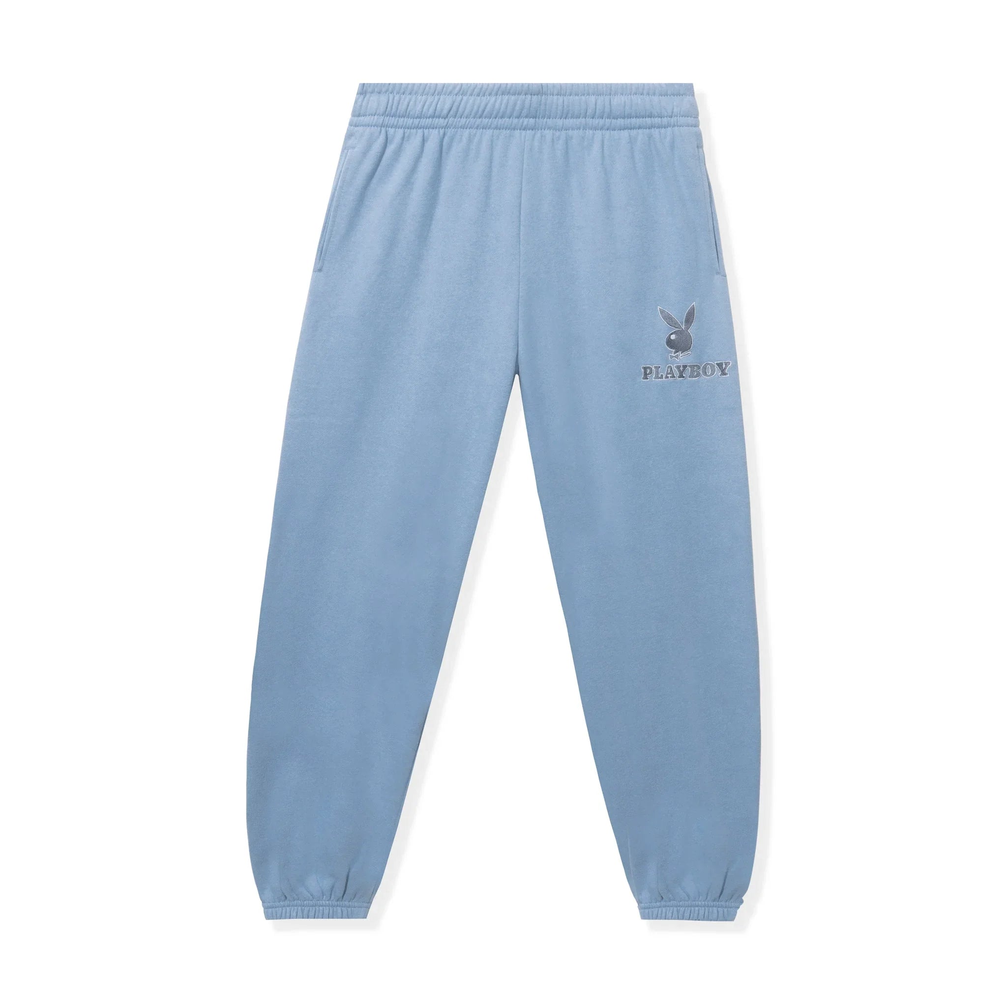 Light blue women's classic boyfriend sweatpants with logo and elastic waistband, flat lay