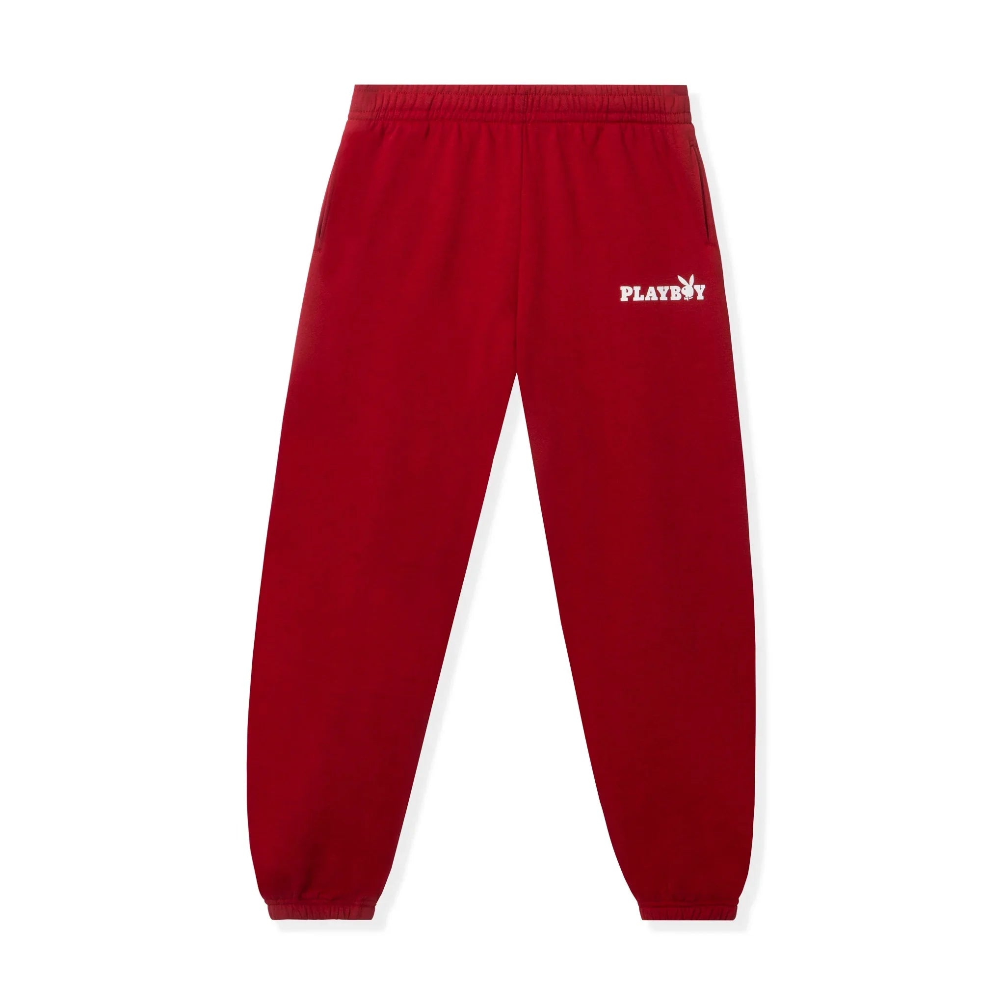 Red women's classic boyfriend sweatpants with white logo, elastic waistband and cuffs