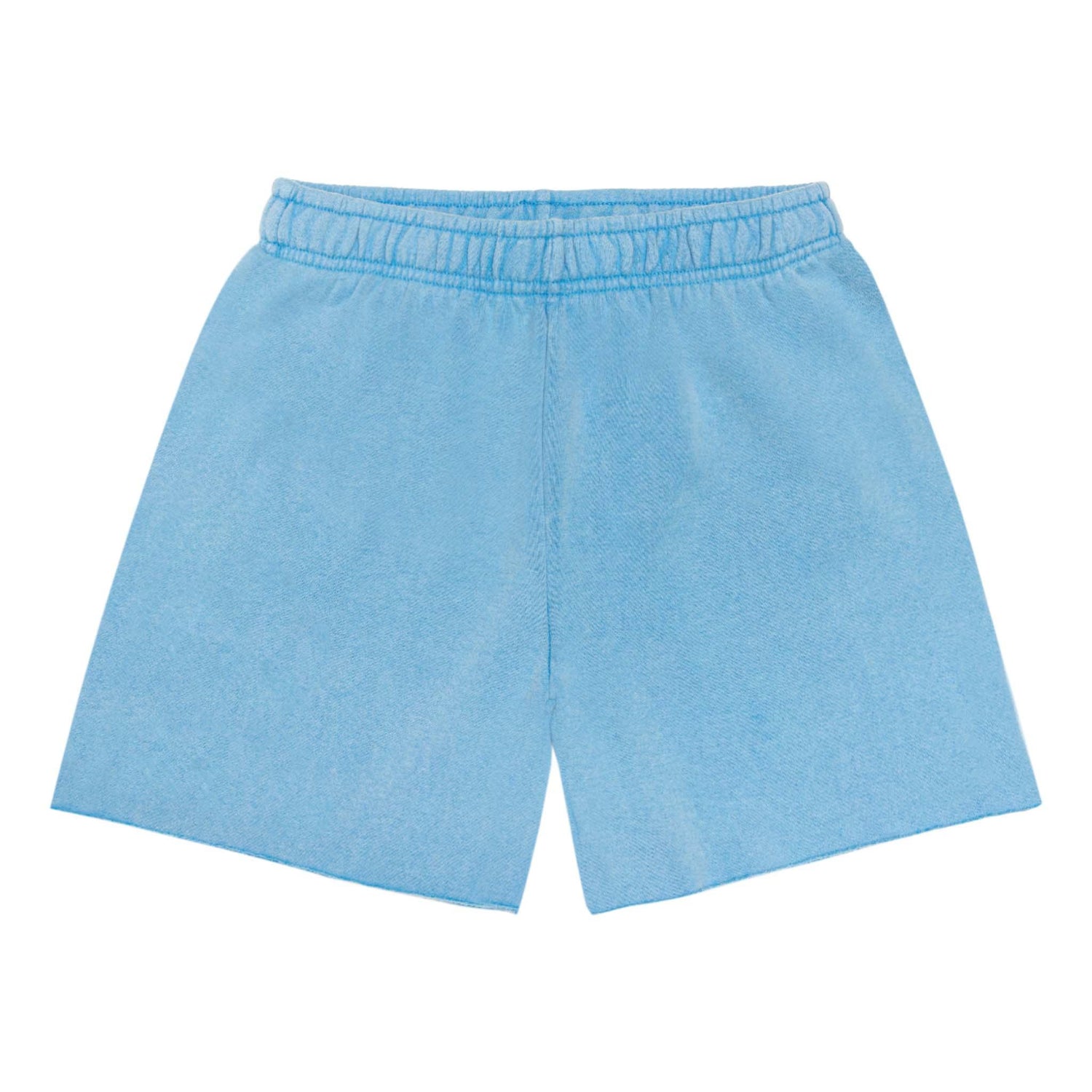 Light blue women's boyfriend shorts with elastic waistband and contrast stitching, rear view