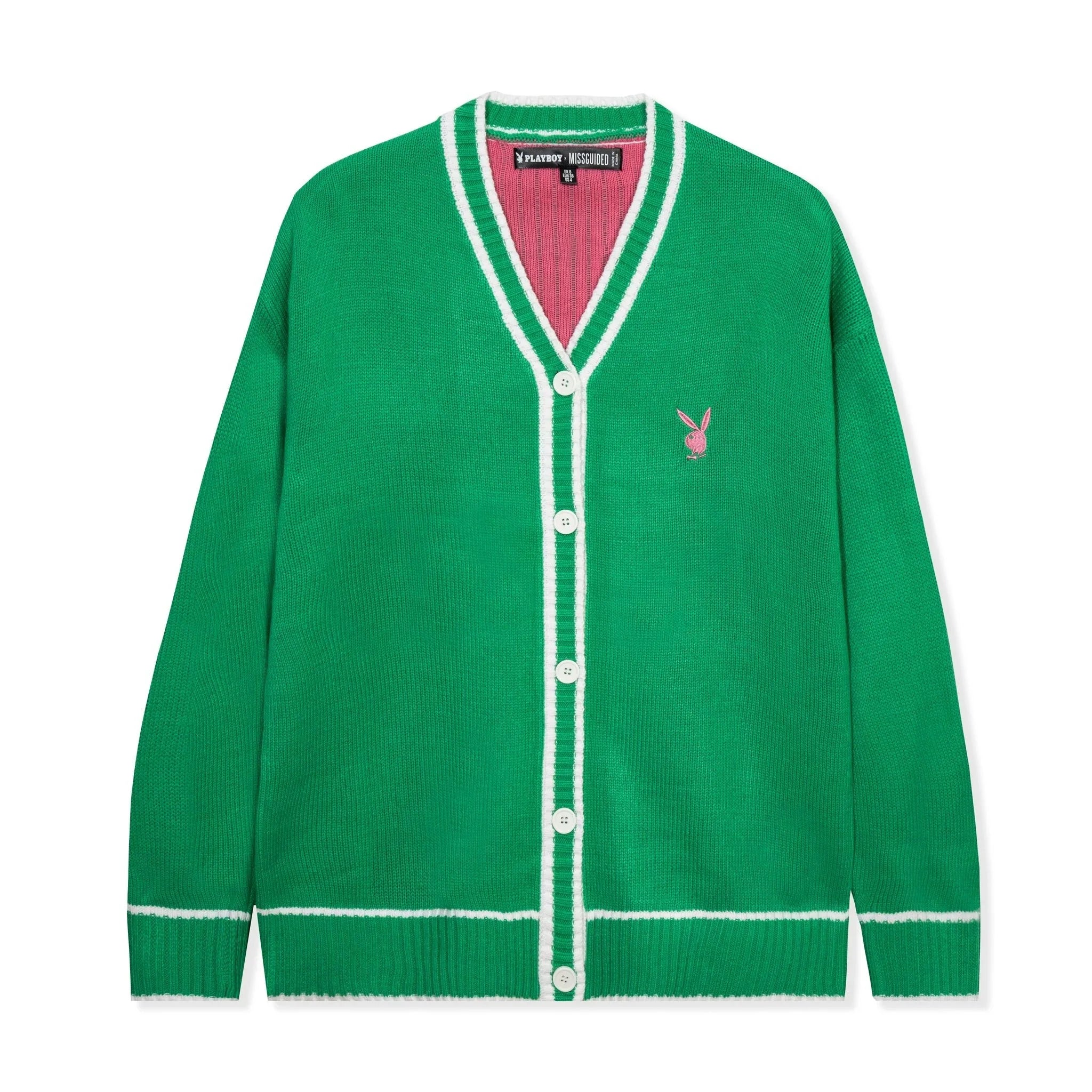 Green women's cricket cardigan with white trim and buttons, pink bunny logo on chest