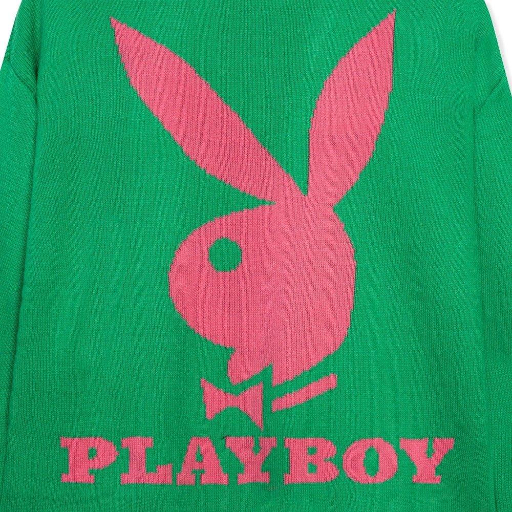 Green knit cardigan with large pink bunny logo and text on the back, women's clothing