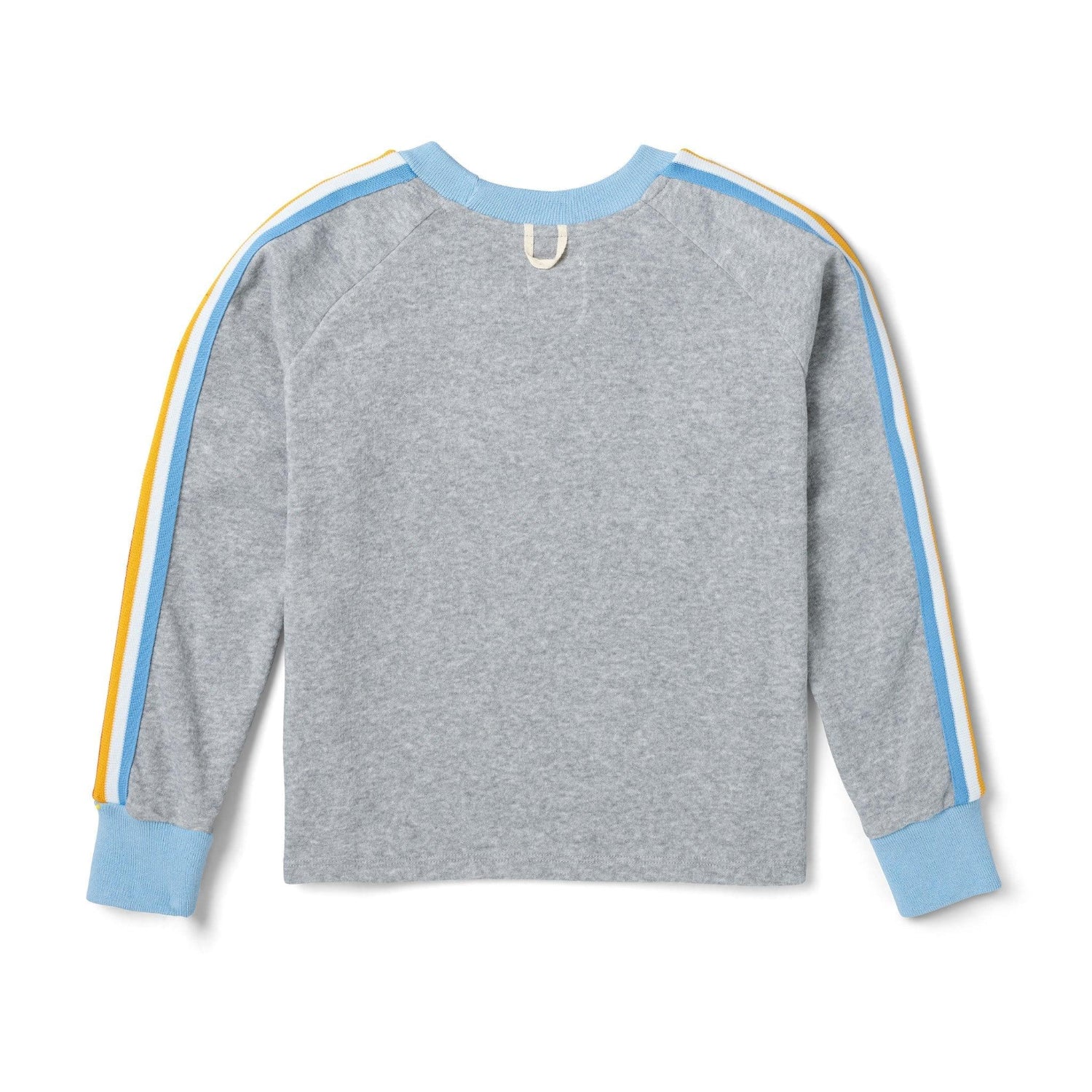 Back view of a women's grey cropped sweatshirt with yellow and blue striped sleeves.