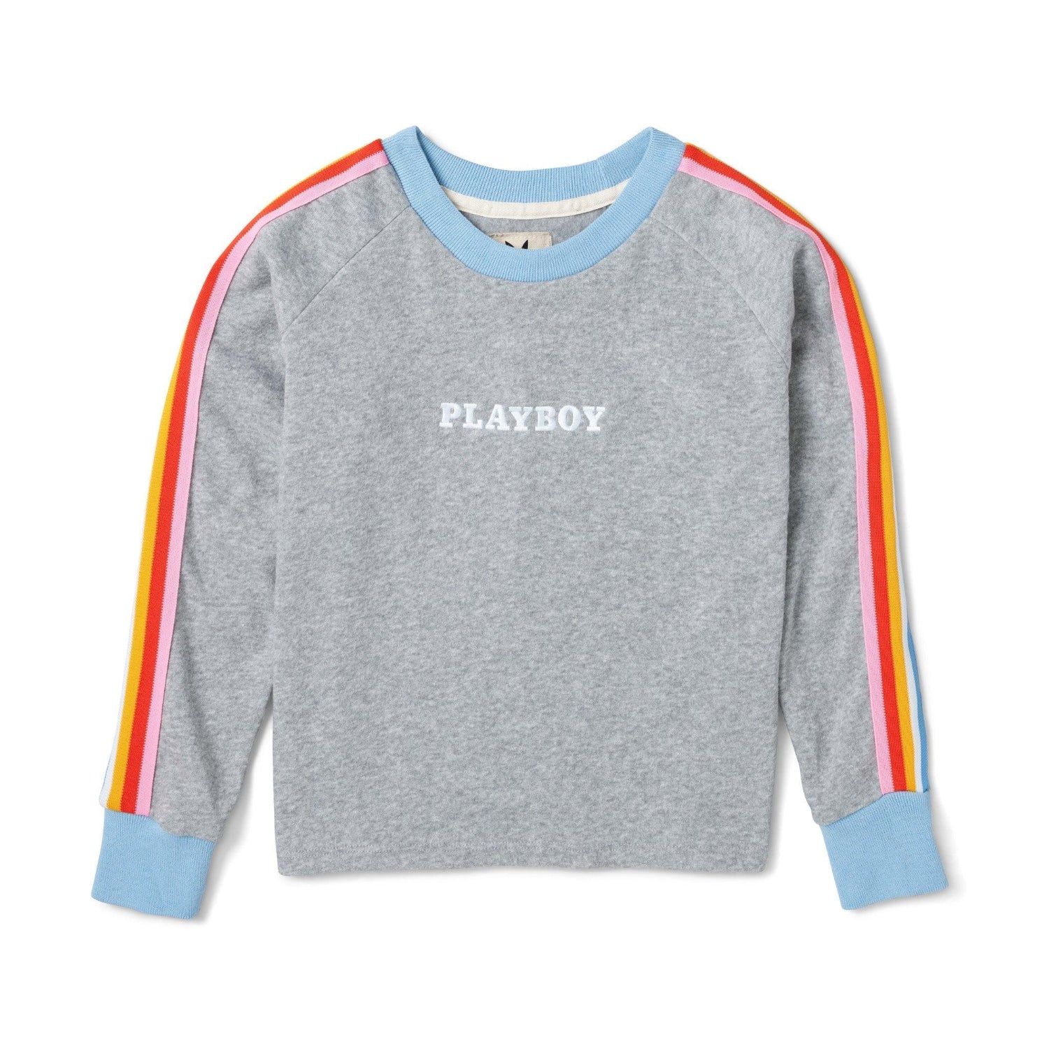 Women’s cropped grey sweatshirt with rainbow stripe sleeves and blue cuffs, PLAYBOY text on chest