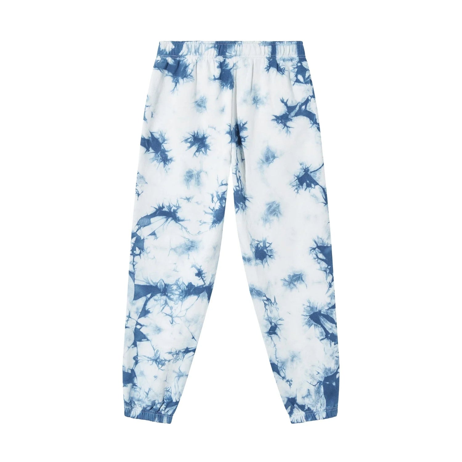 Women's blue and white crystal tie-dye sweatpants with elastic waistband and cuffs