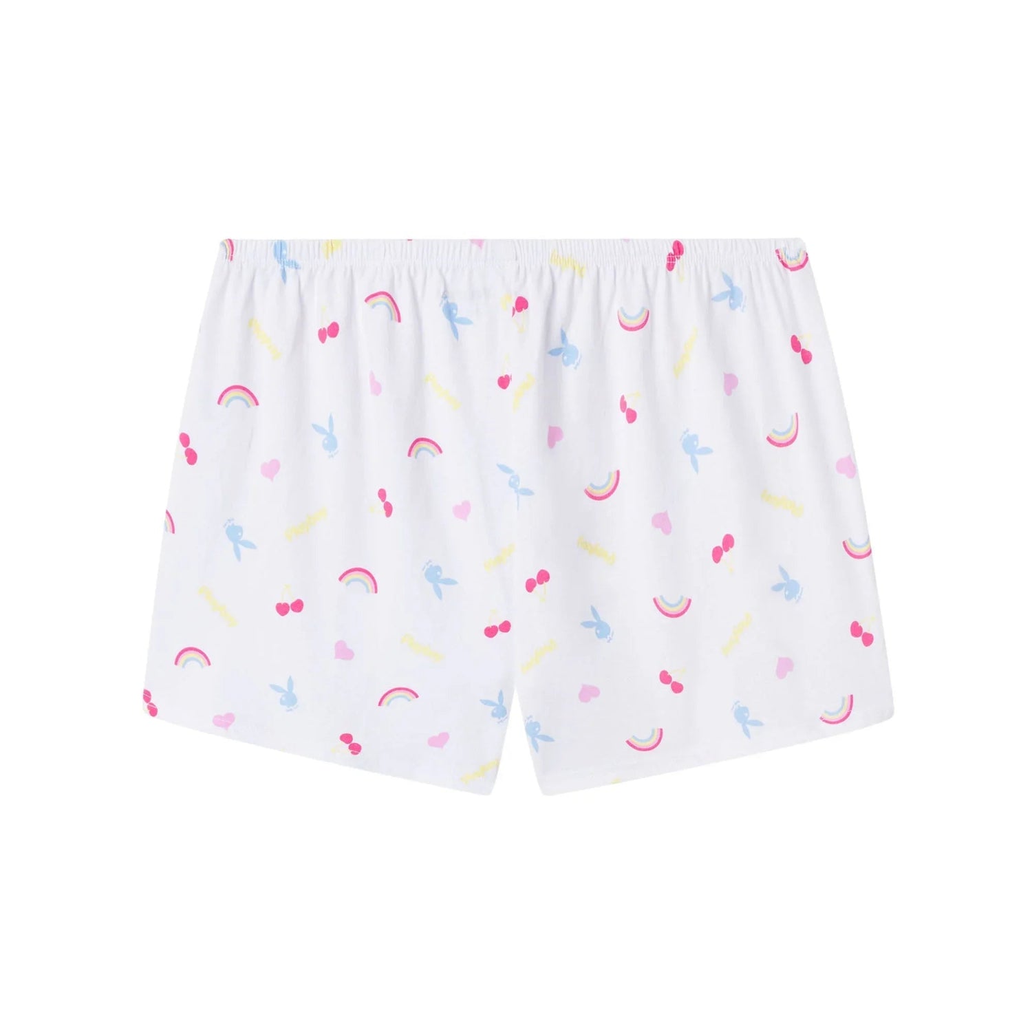 White women's lounge shorts with pastel rainbow, heart, cherry, and bunny print.