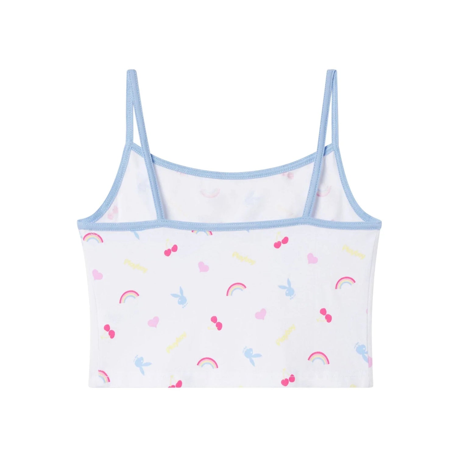 Women's pastel print lounge tank top with blue trim, rainbows, hearts, and cherries pattern
