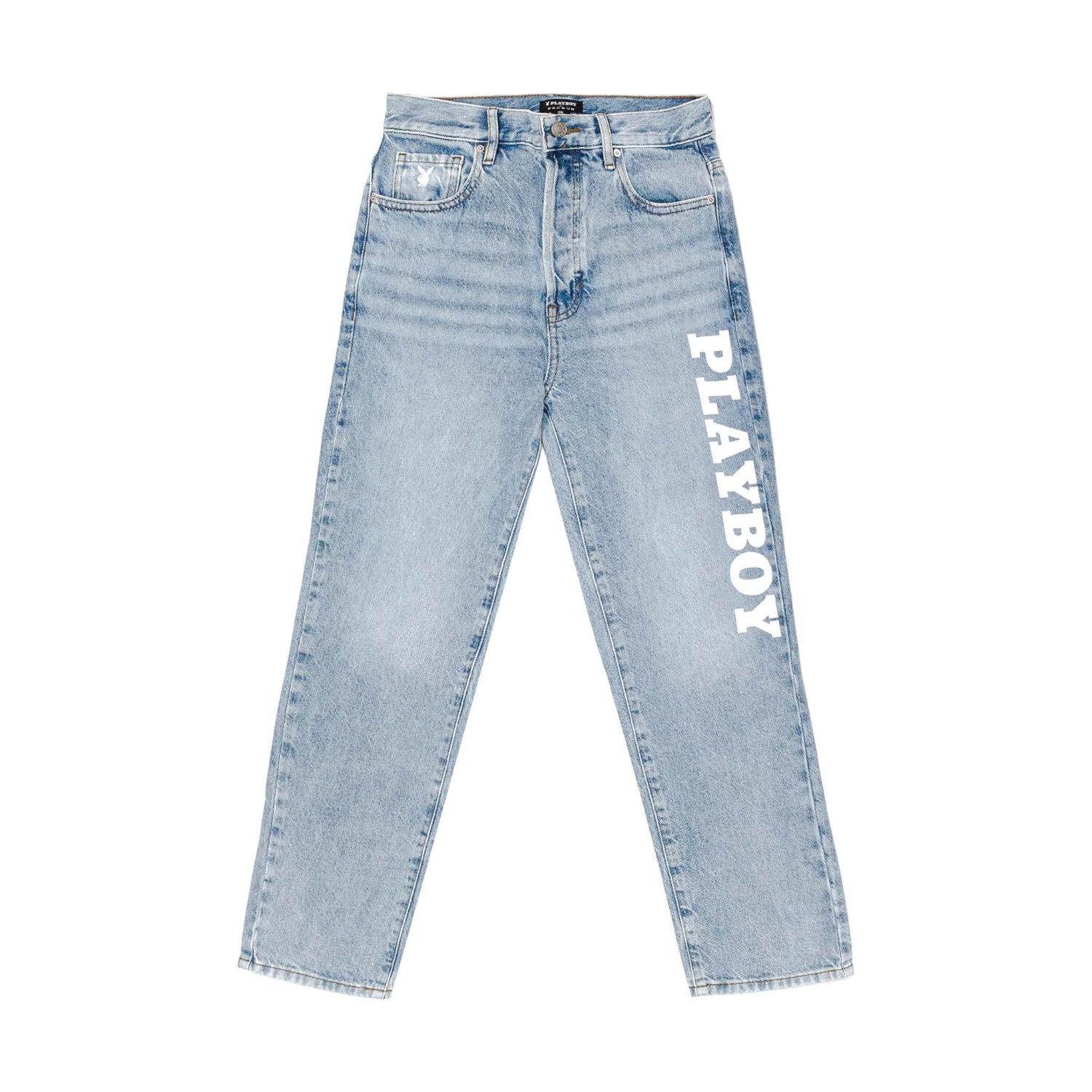 Light wash high-rise straight leg women's denim jeans with bold vertical text on leg