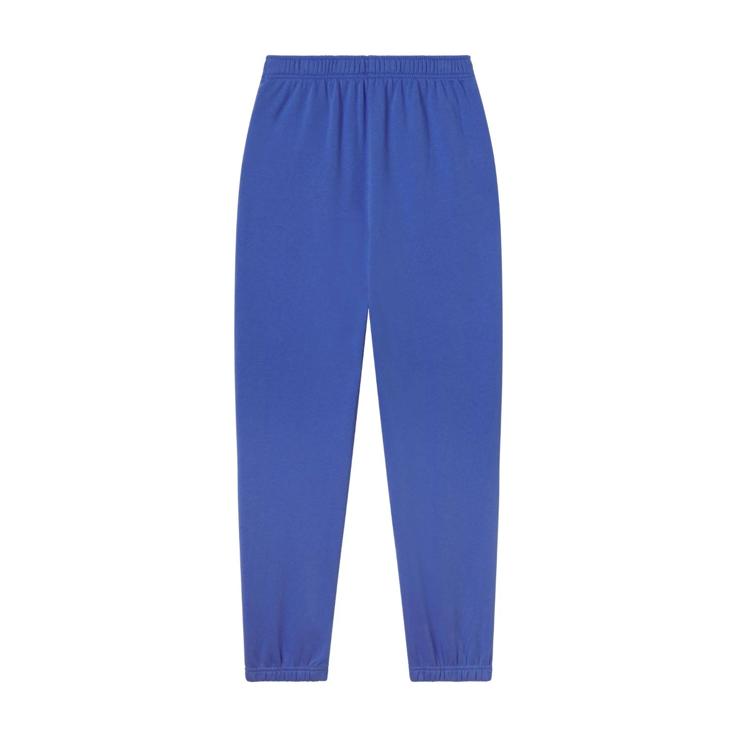 Women's blue sweatpants with elastic waistband and cuffs, displayed on white background