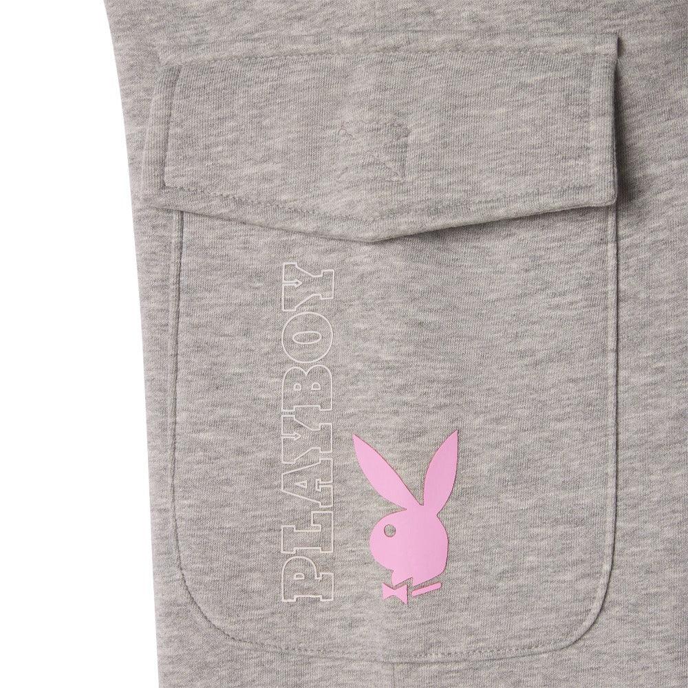Gray women's jogger sweatpants with flap pocket, pink bunny logo, and bold vertical text