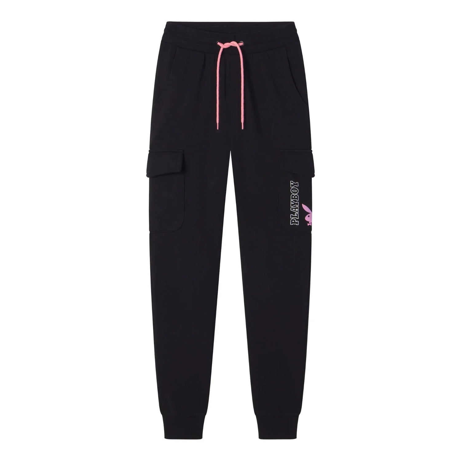 Black women's jogger sweatpants with pink drawstring, cargo pockets, and bunny logo detail
