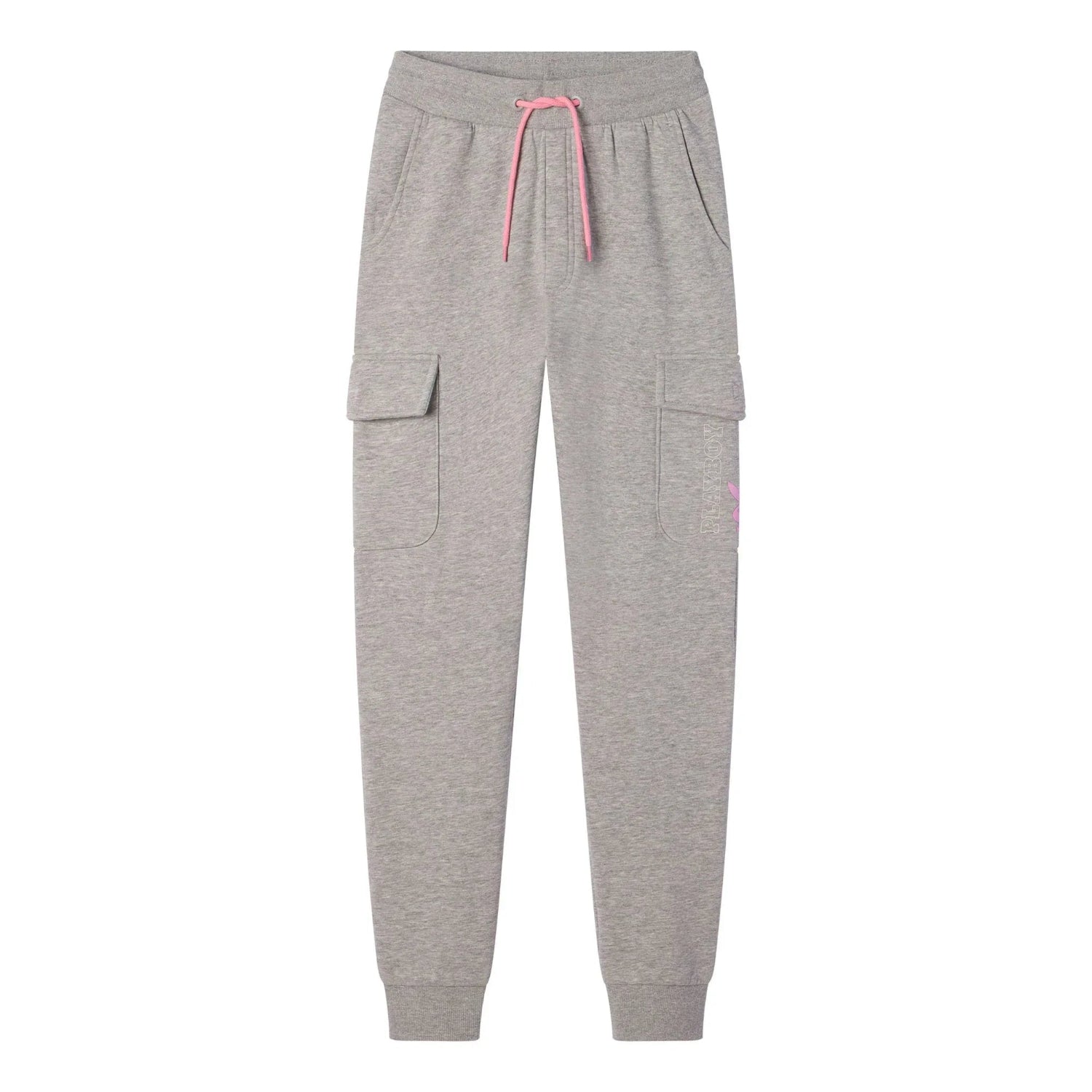 Women's grey cargo jogger sweatpants with pink drawstring and side pockets, laid flat
