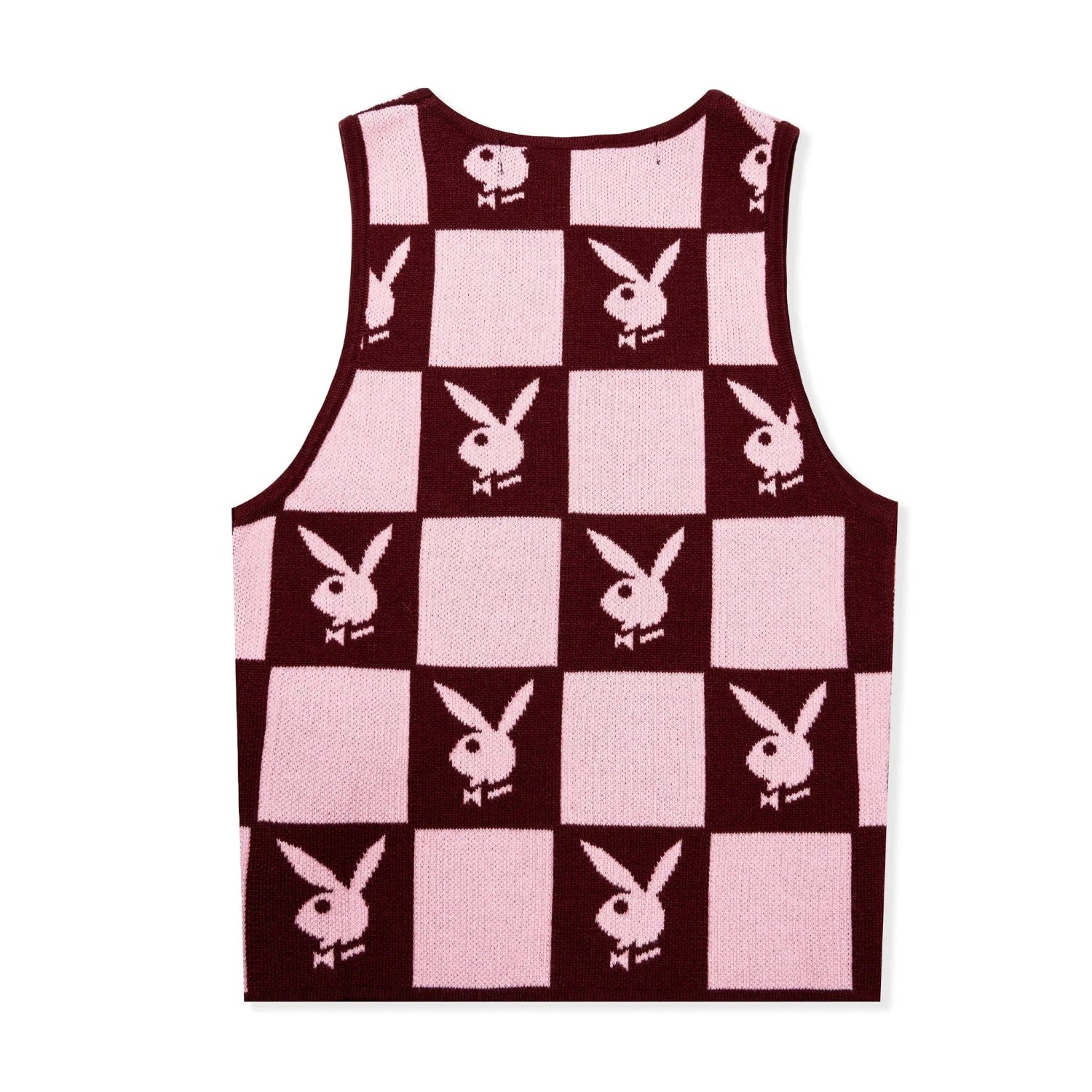 Women's knit checkerboard vest in pink and burgundy with bunny logo pattern, sleeveless style