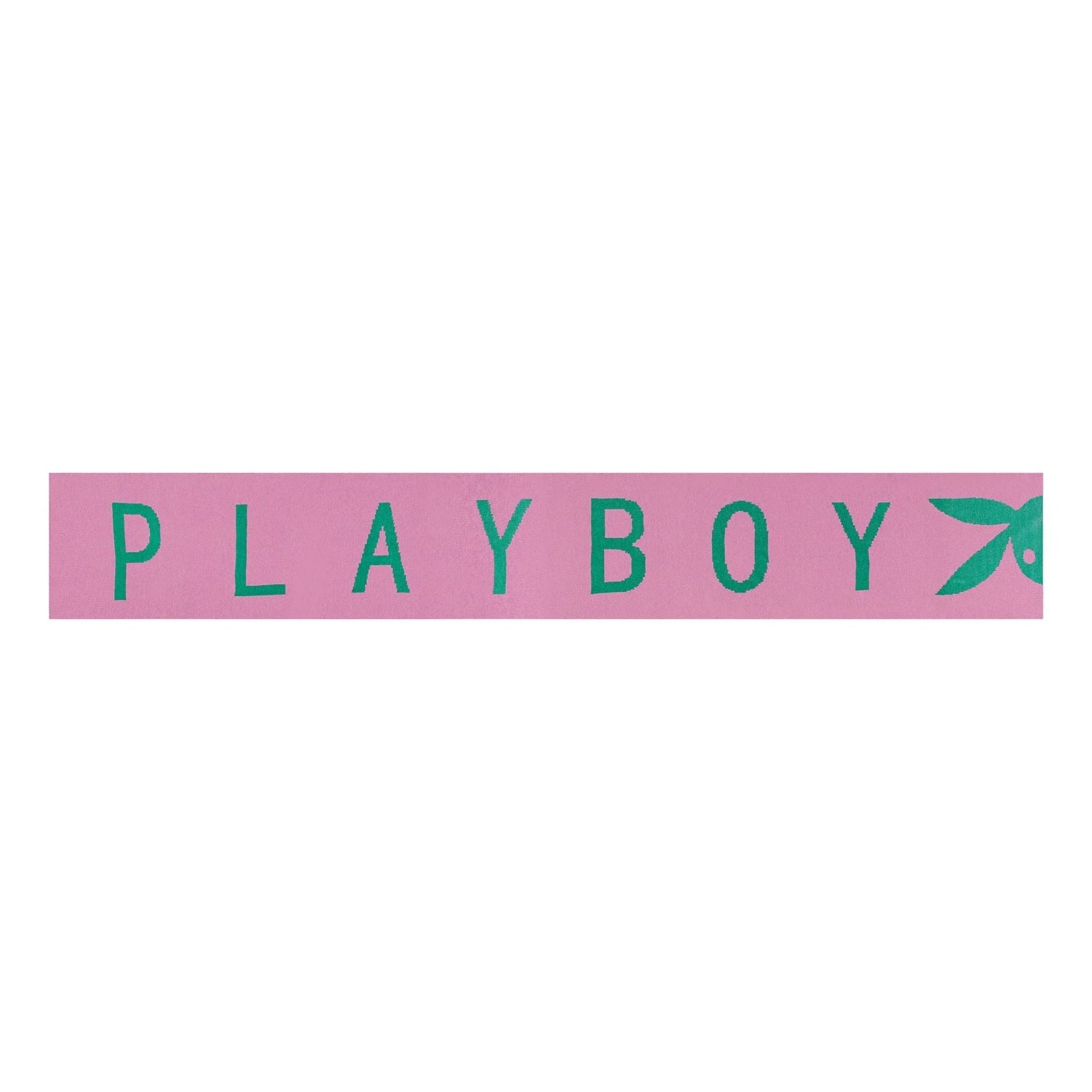 Pink women's knit scarf featuring green PLAYBOY text and bunny logo, laid flat.