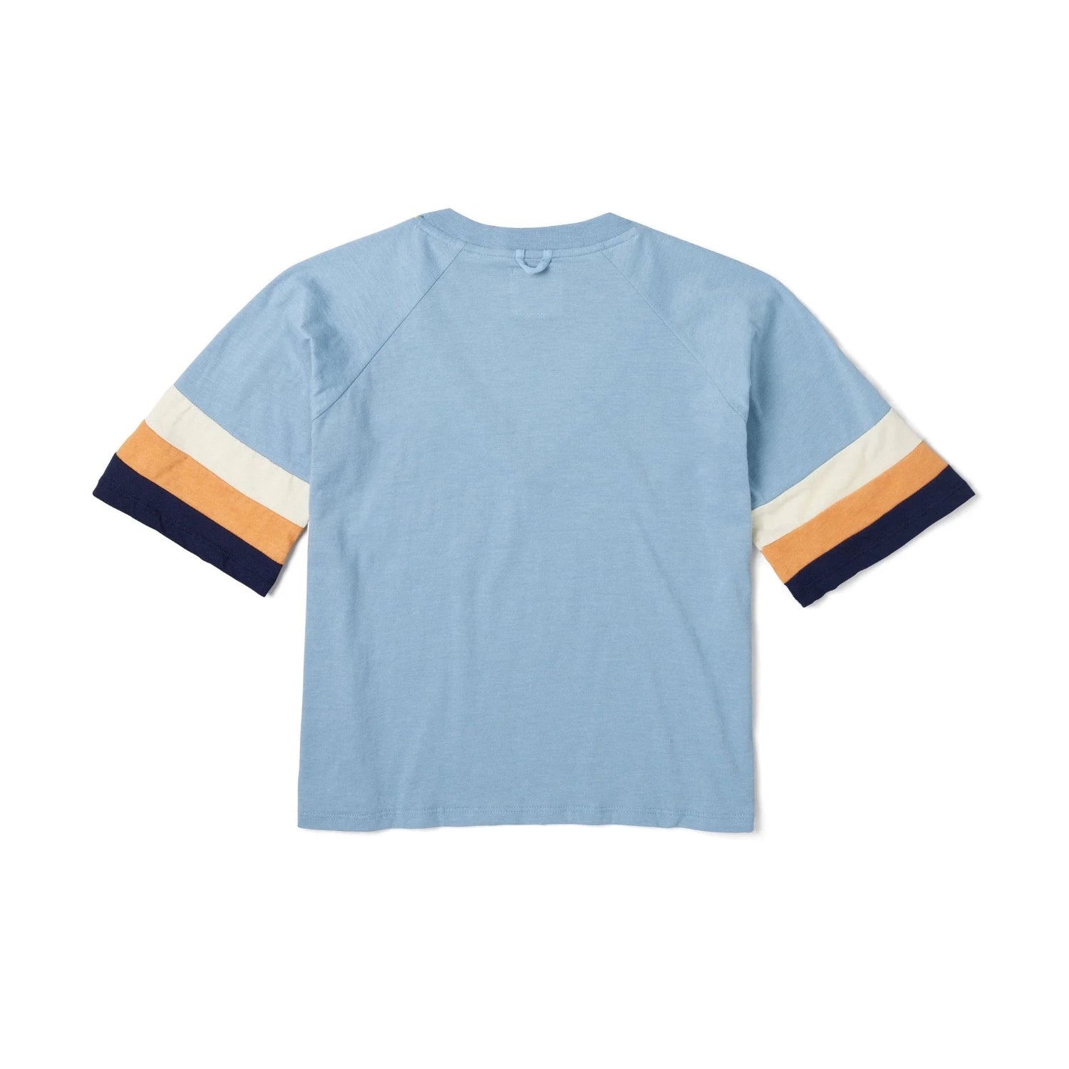 Light blue women's V-neck T-shirt with color block striped short sleeves, back view