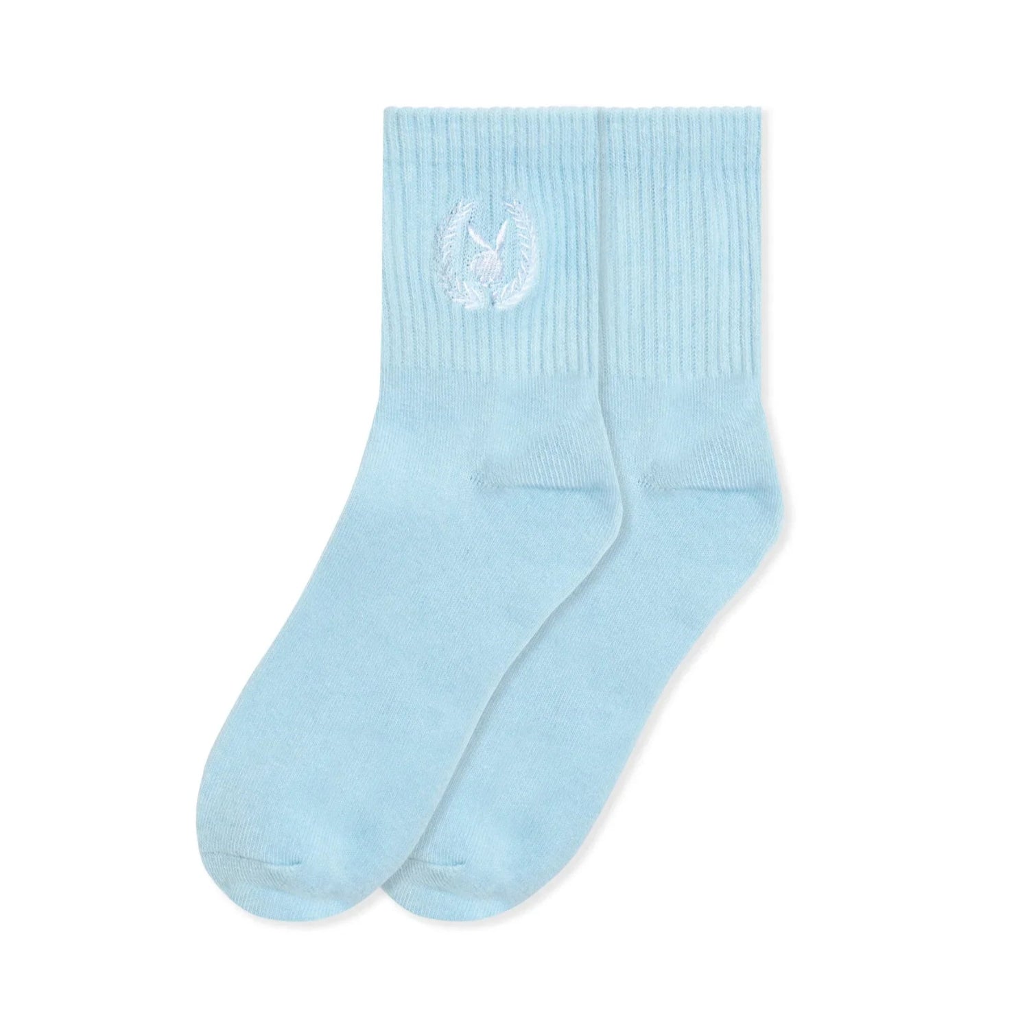Light blue women's crew socks with laurel leaf embroidery on the ankle, laid flat on white background.
