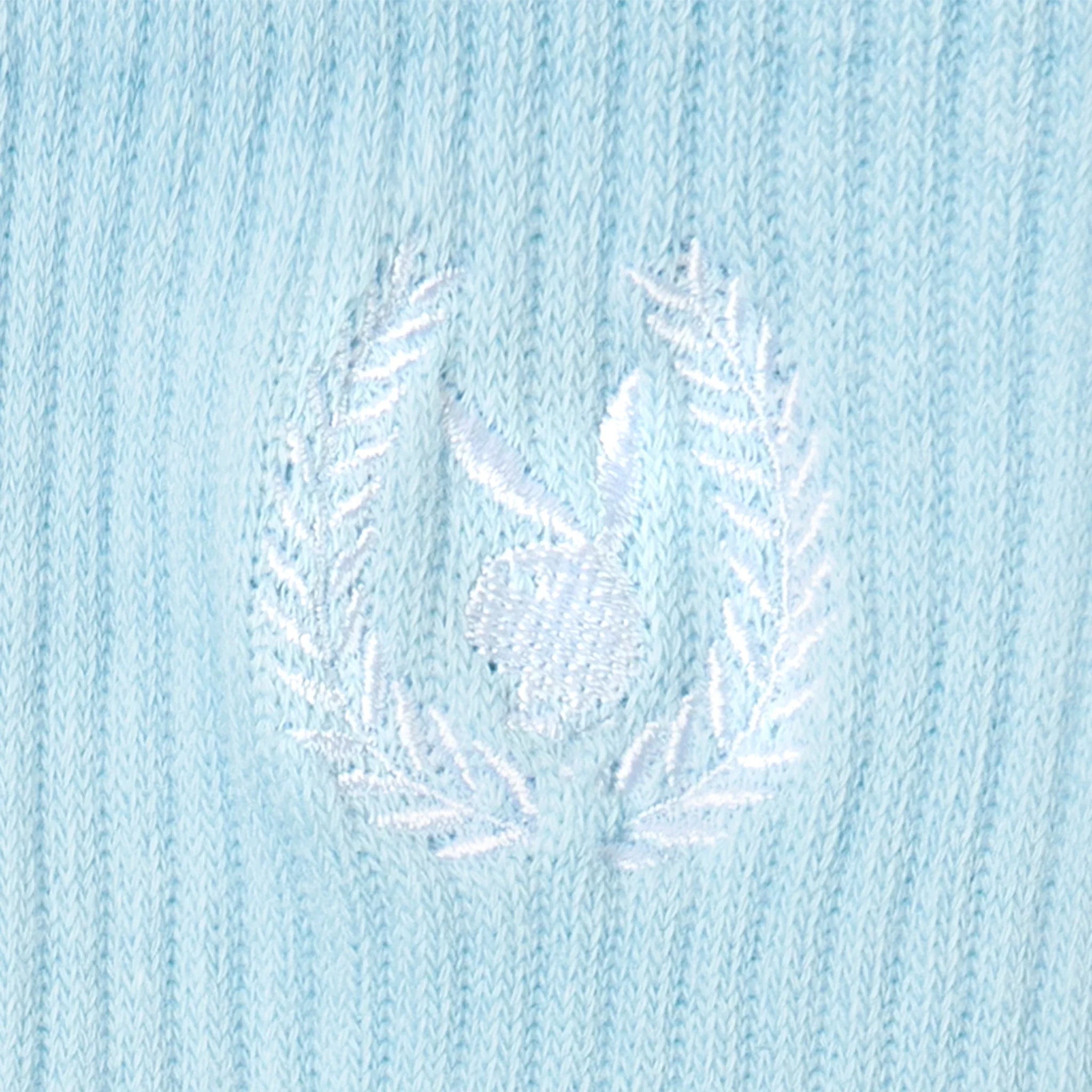 Light blue ribbed women's sock with white laurel wreath and bunny logo embroidery