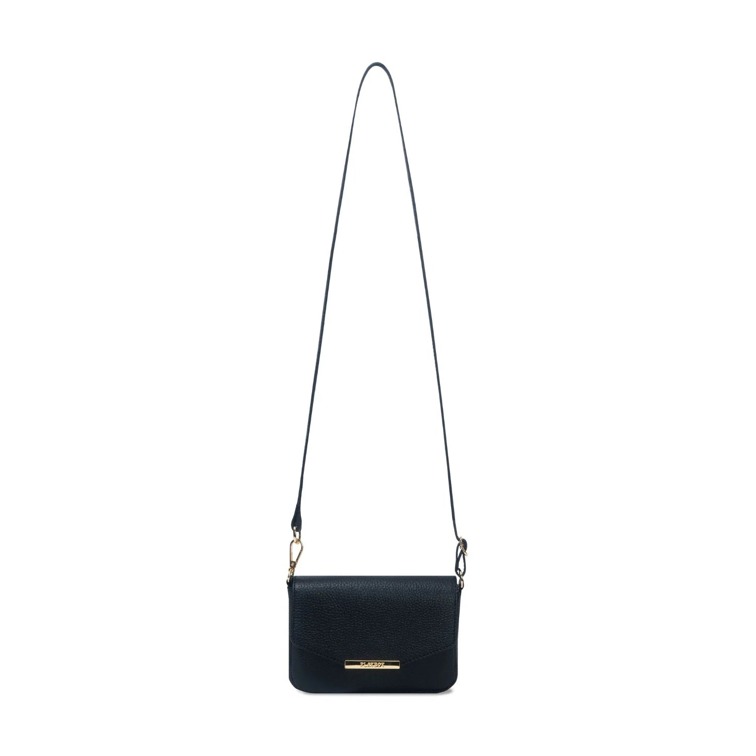 Black leather crossbody bag with gold hardware and long strap on white background
