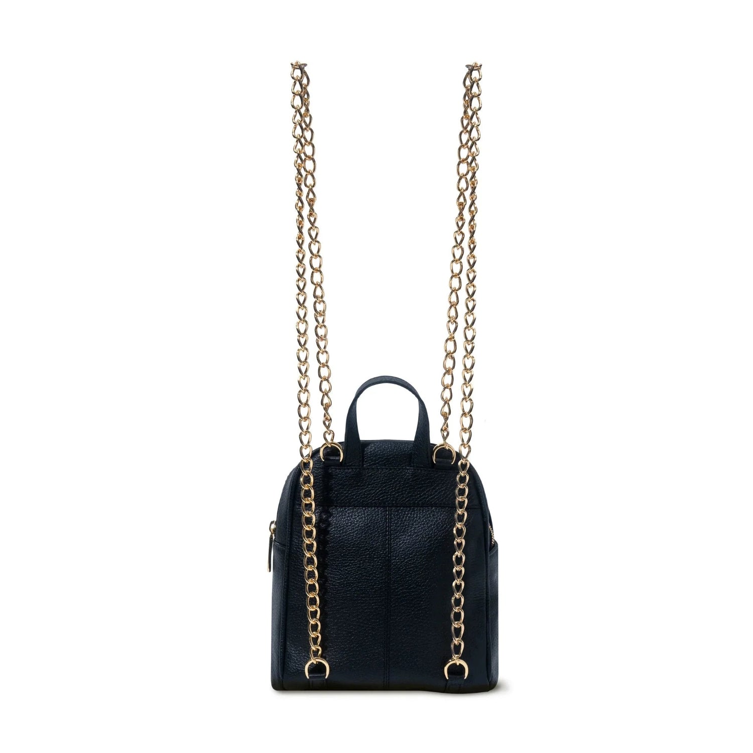 Black leather mini backpack with gold chain straps on white background