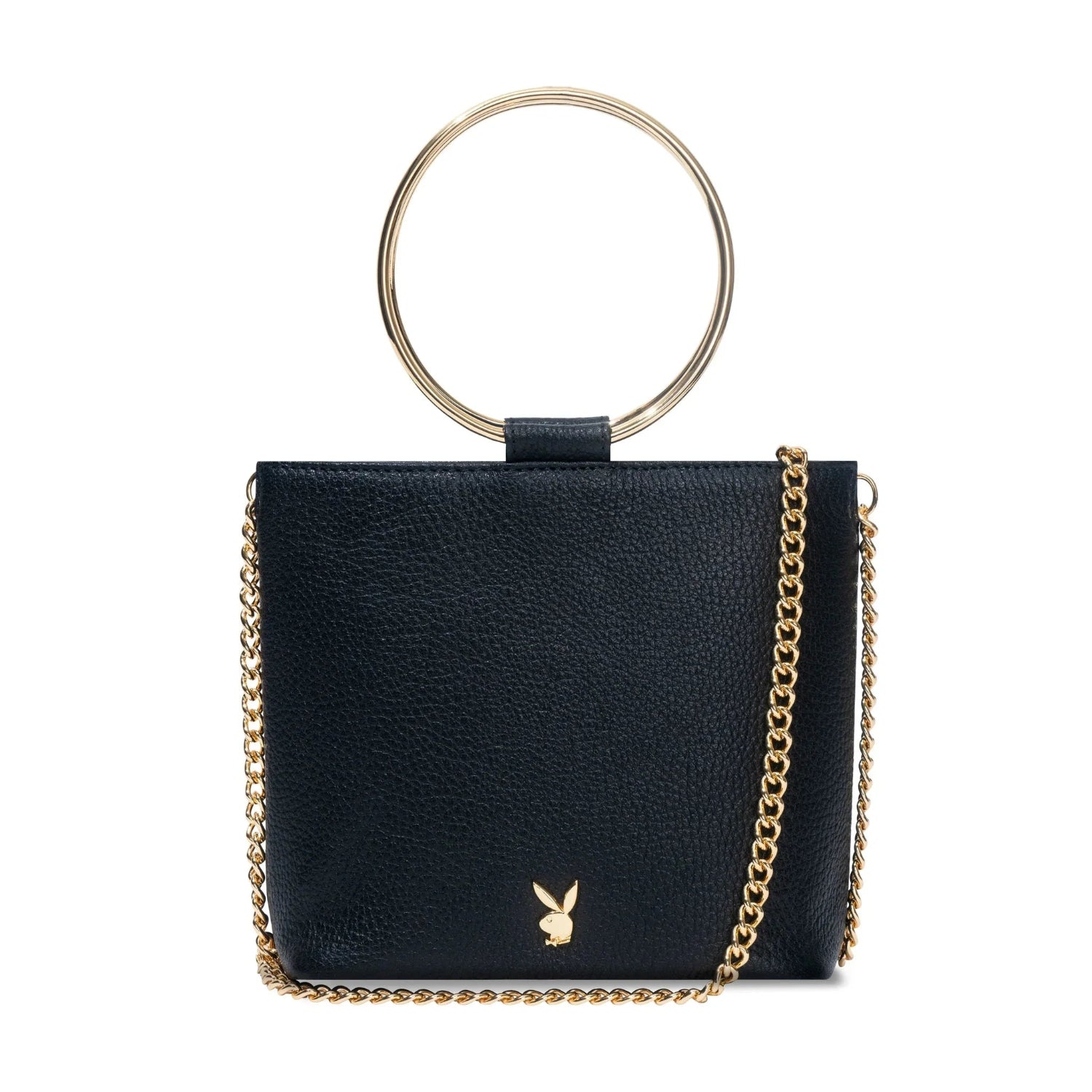 Black women's leather clutch with gold ring handle, chain strap, and bunny logo