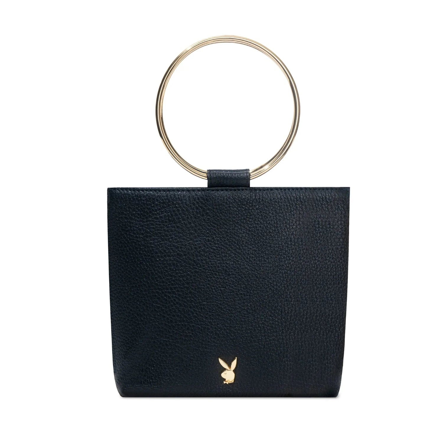 Black leather women's clutch with gold ring handle and metallic rabbit logo on front