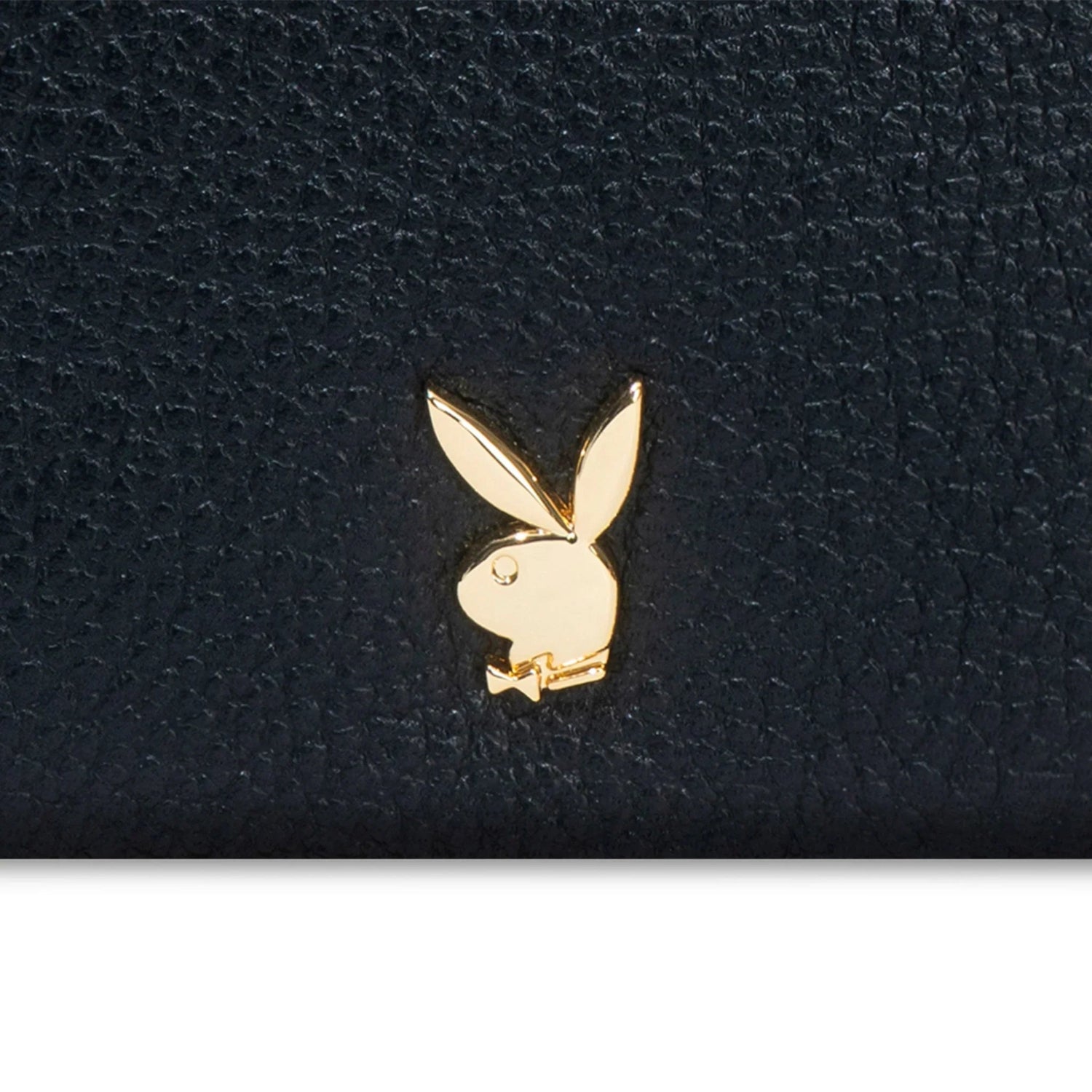 Black textured leather clutch with gold bunny logo detail