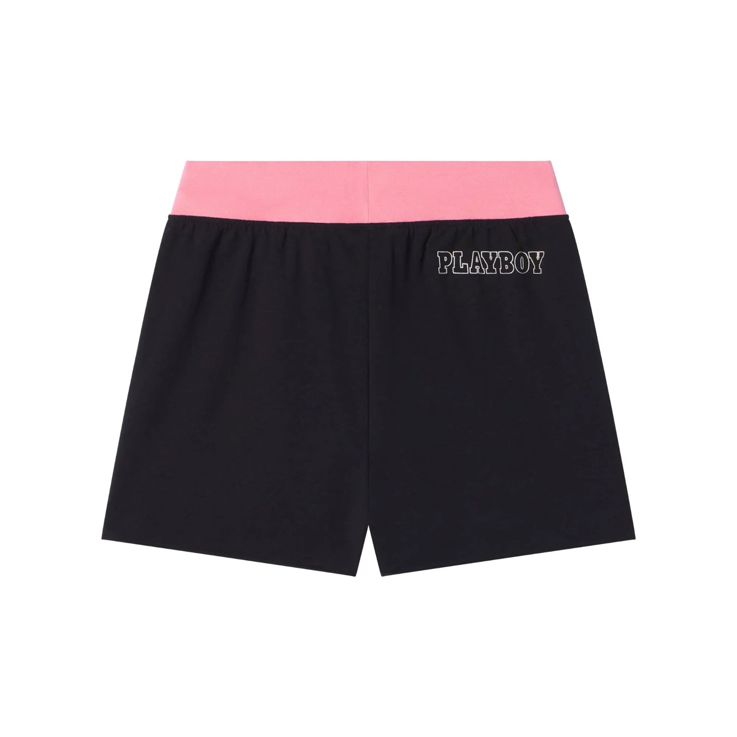 Women's black shorts with pink waistband and PLAYBOY logo on back