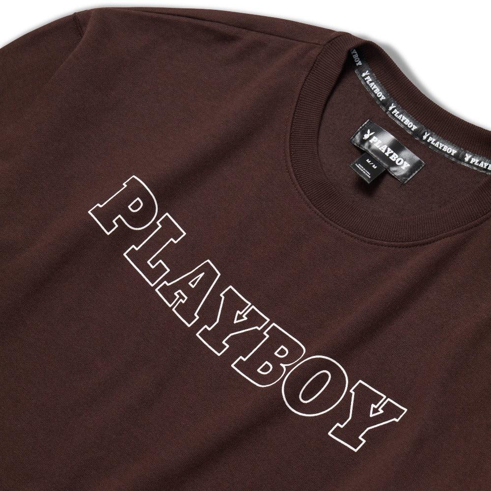 Brown crewneck sweatshirt with bold PLAYBOY logo graphic on front, women's apparel