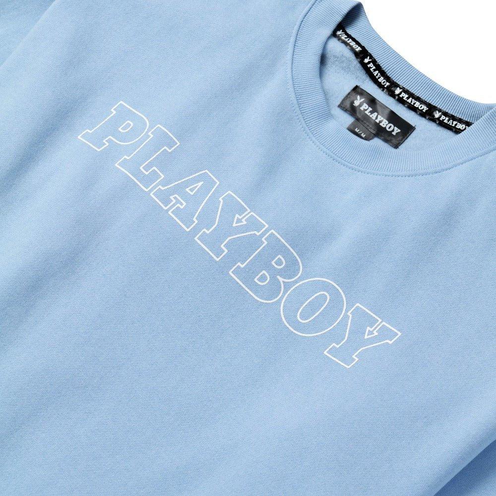 Light blue womens crewneck sweatshirt with white PLAYBOY text on front
