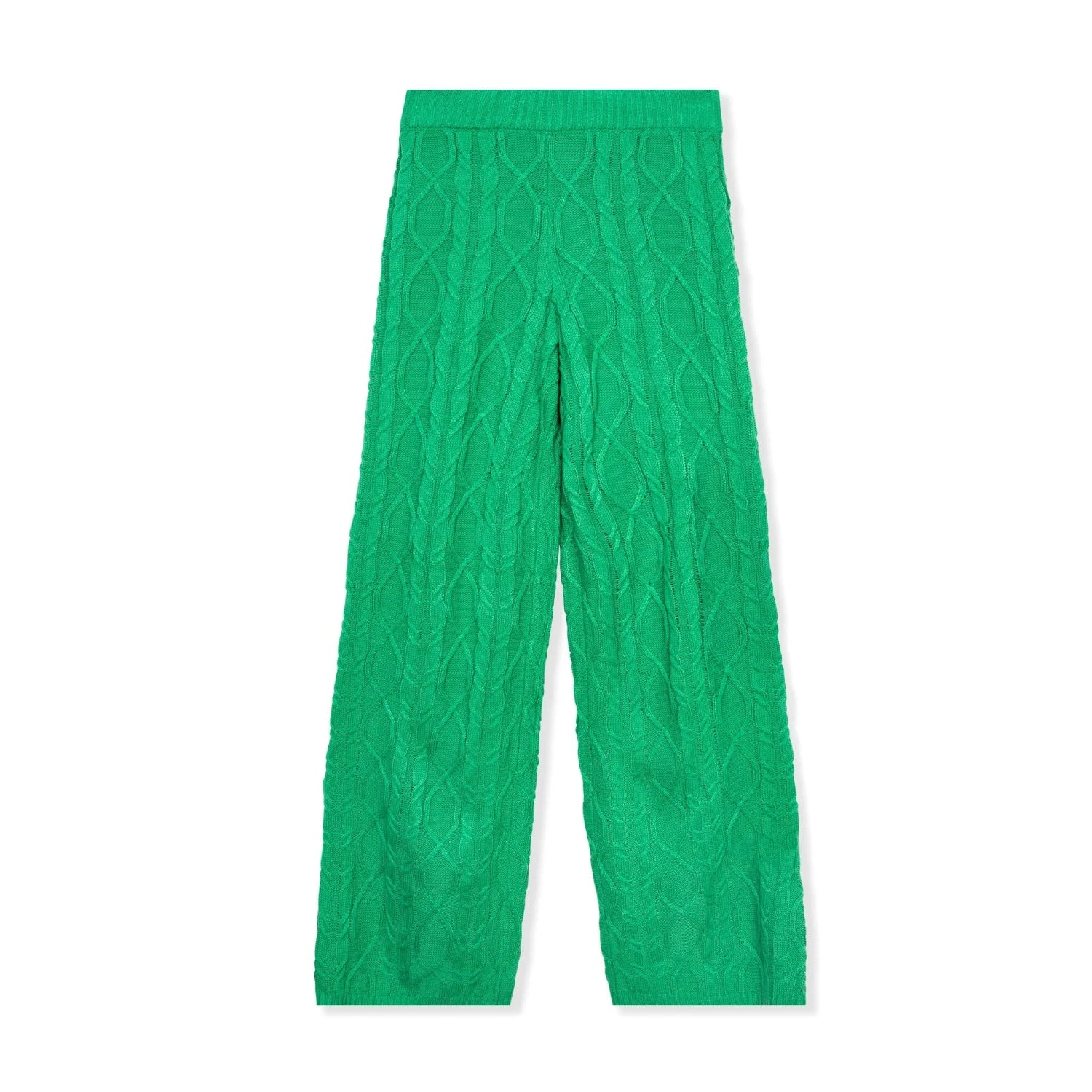Green women's knit pants with cable pattern, wide leg, elastic waistband, flat lay