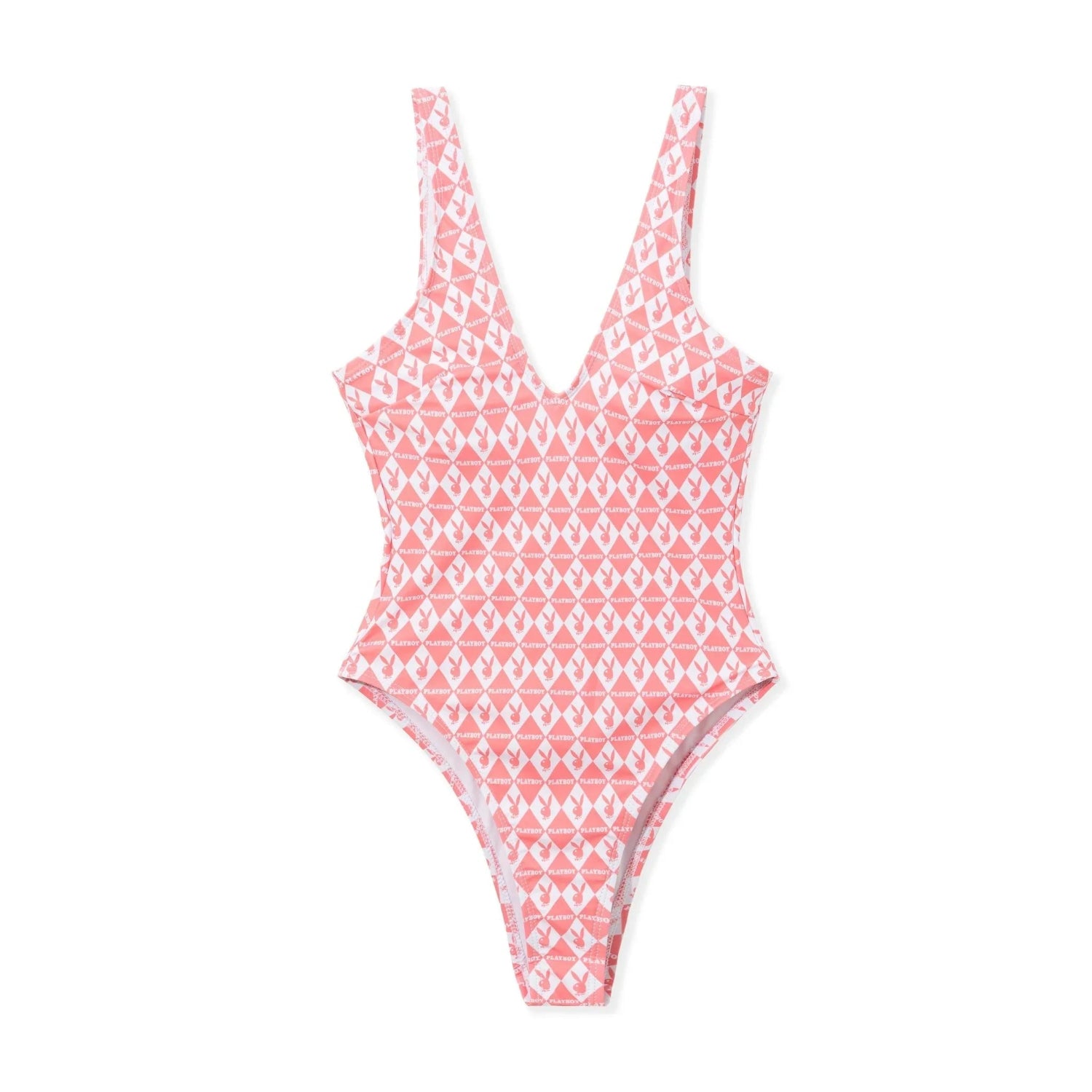 Women's pink monogram one-piece swimsuit with deep V-neck and geometric pattern on white background