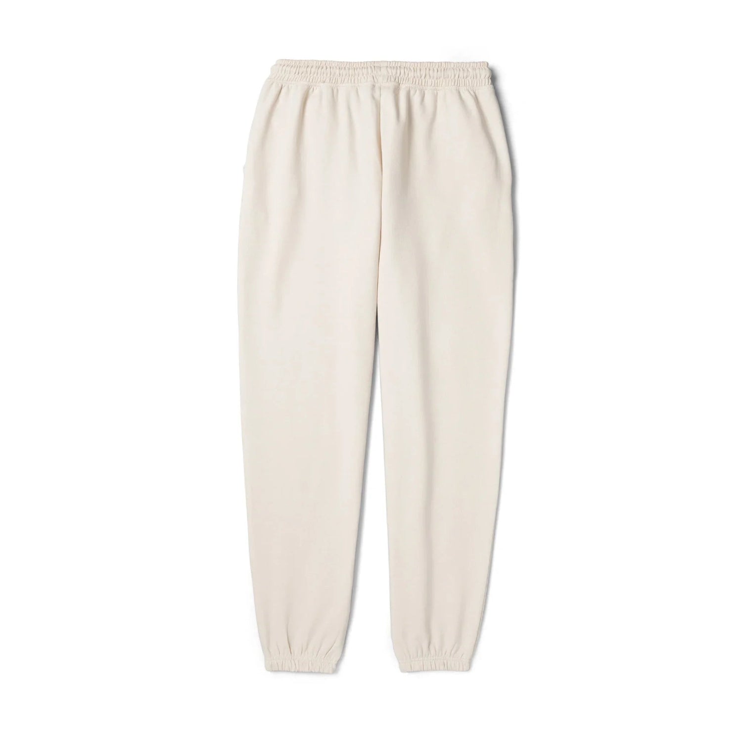 Women's oversized beige joggers with elastic waistband and cuffs, laid flat on white background