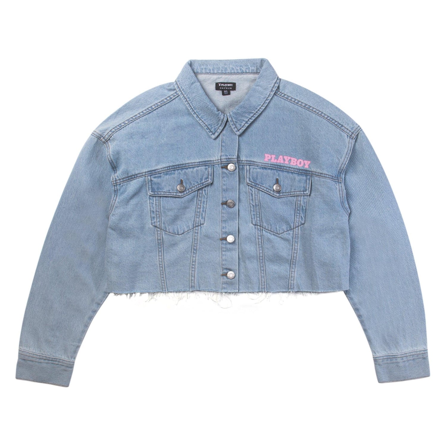 Women's cropped denim jacket with pink embroidered logo and front button closure