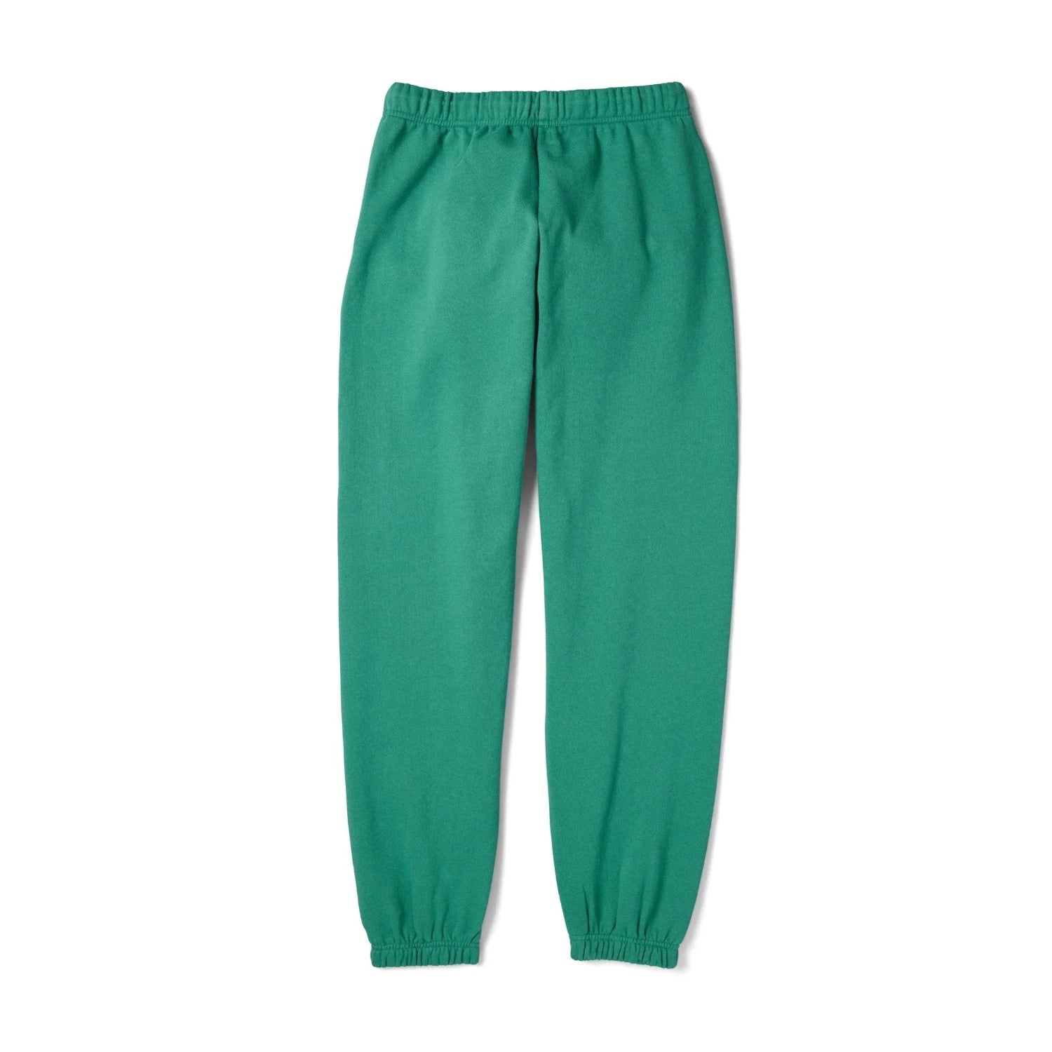 Women's green drawstring sweatpants with elastic waistband and cuffs, flat lay.