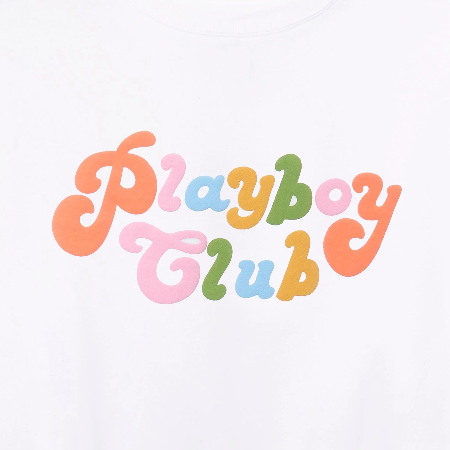 White crewneck with colorful retro 'Playboy Club' text graphic on front